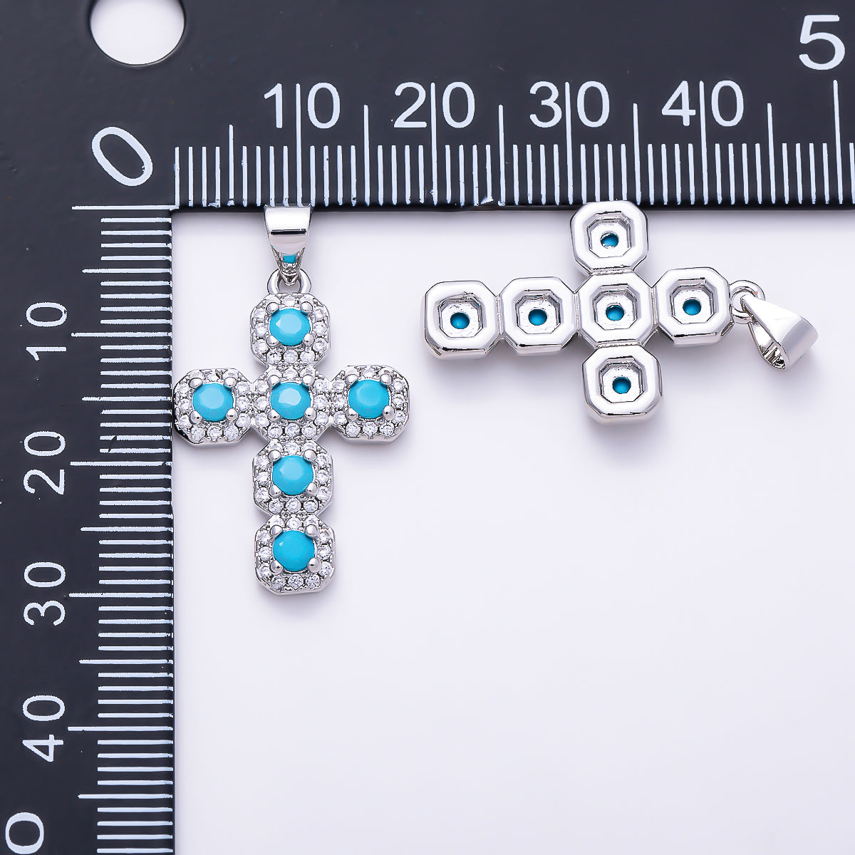 16K Gold Filled 25mm Round Turquoise Micro Paved CZ Statement Cross Religious Pendant | Charms-01662 - Charms-01663