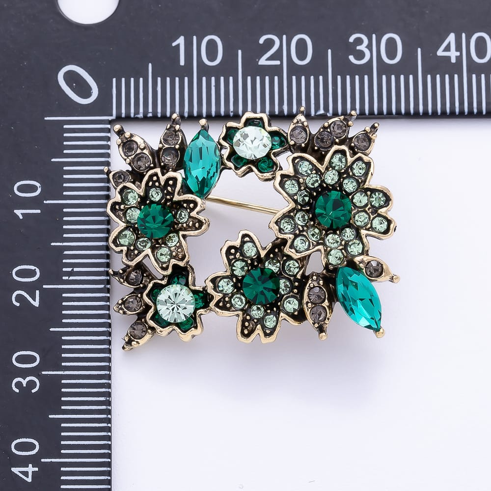 Vintage Gold Pink, Green Rhinestone Cluster Flower Rectangle Pin Brooch | BH-00219 BH-00220