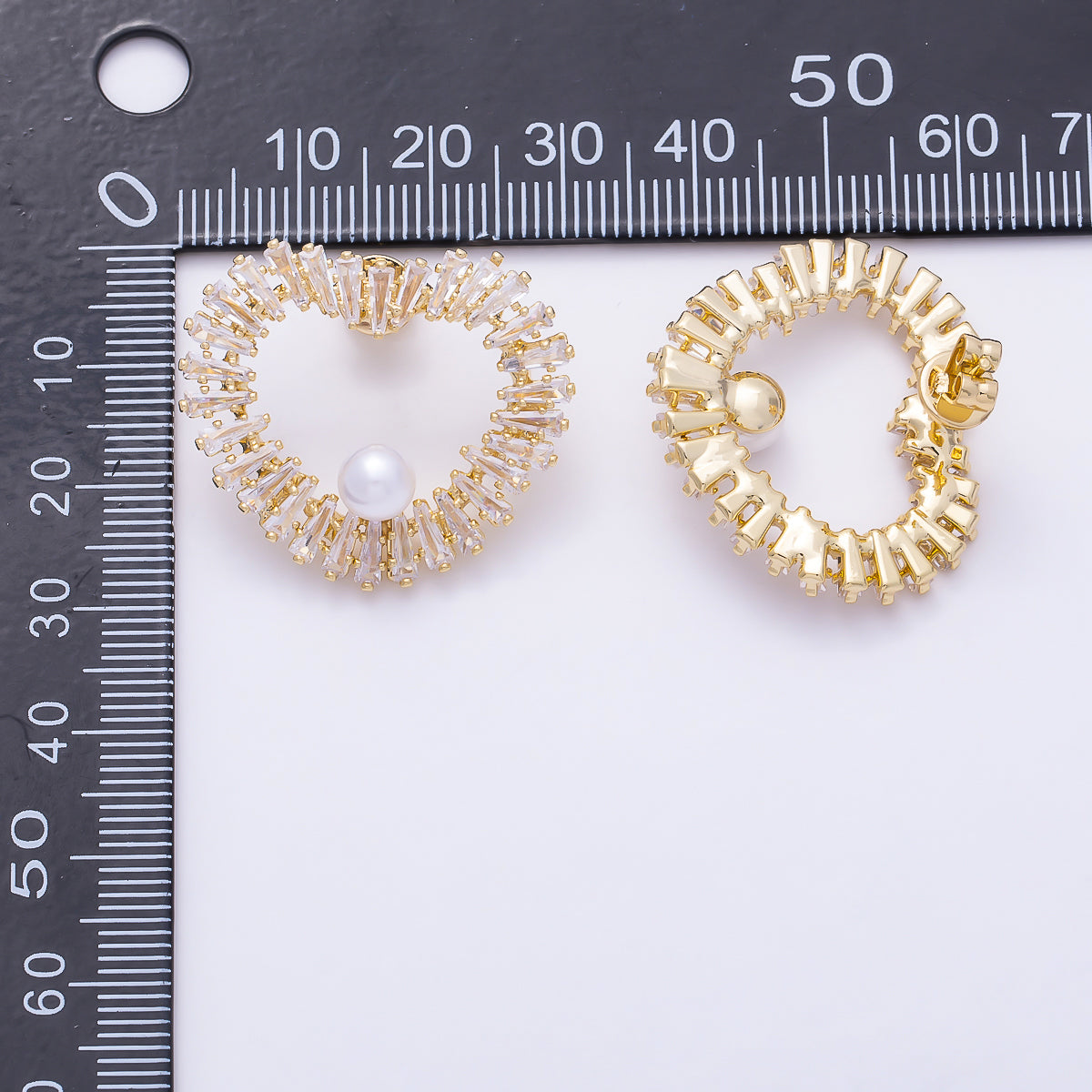 16K Gold Filled 26mm Shell Pearl Baguette CZ Open Heart Stud Earrings in Gold & Silver | Earrings-00845 - Earrings-00846