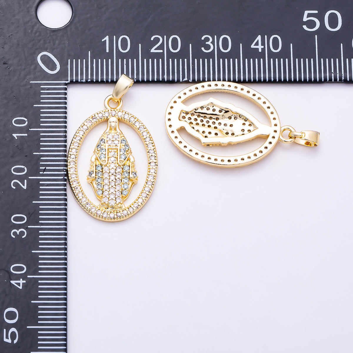 16K Gold Filled 26mm Light Blue and Clear Micro Paved CZ Virgin Mary Oval Medallion Pendant | Charms-01985
