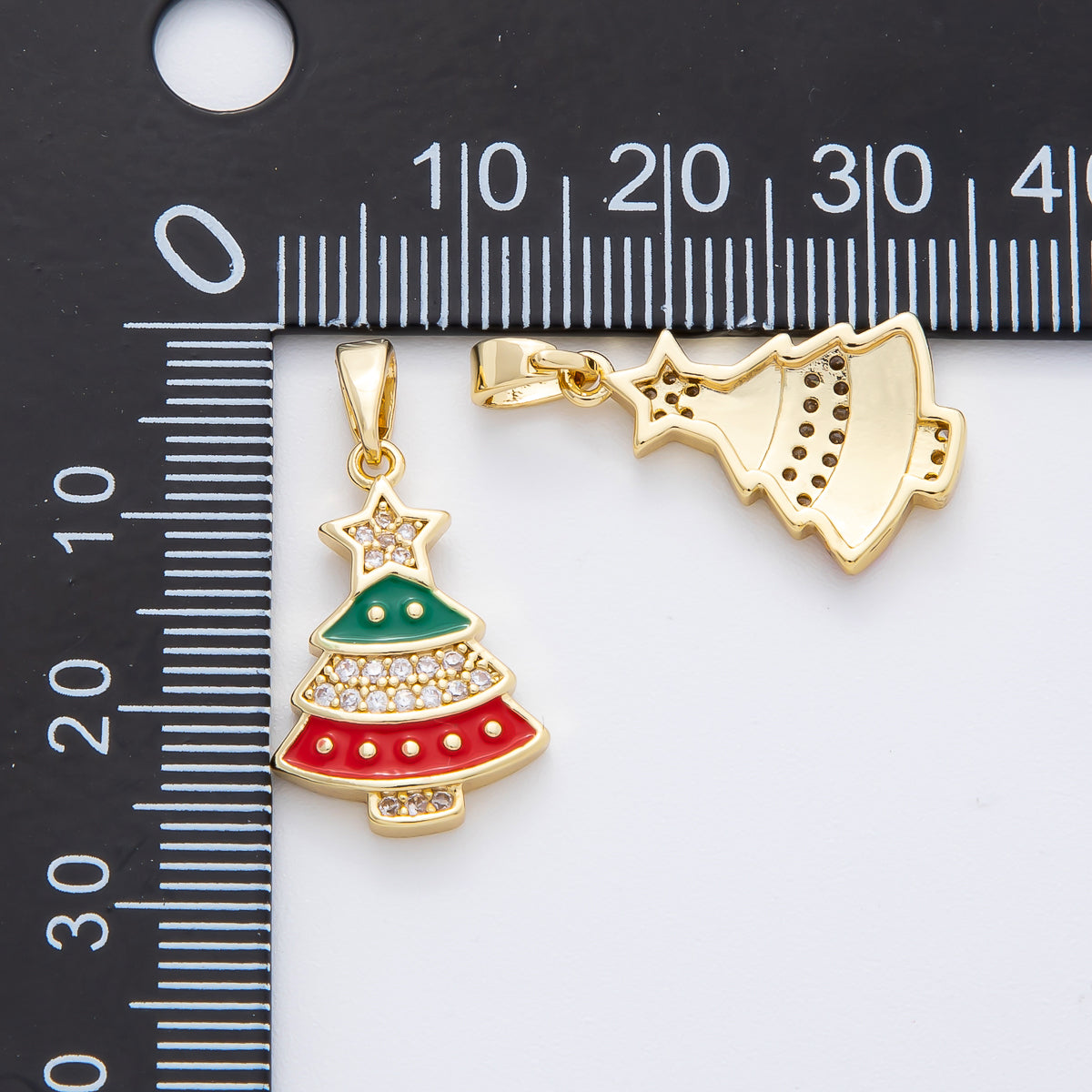 18K Gold Filled 25mm Micro Paved CZ Enamel Red & Green Christmas Tree Pendant | AF-A1139