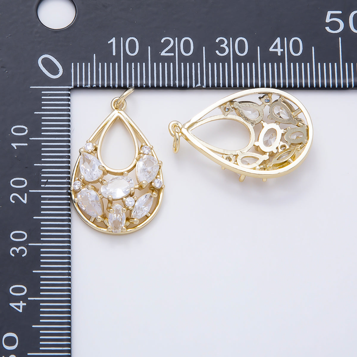 16K Gold Filled 26mm Clear CZ Cluster Teardrop Open Charm | Charms-01601