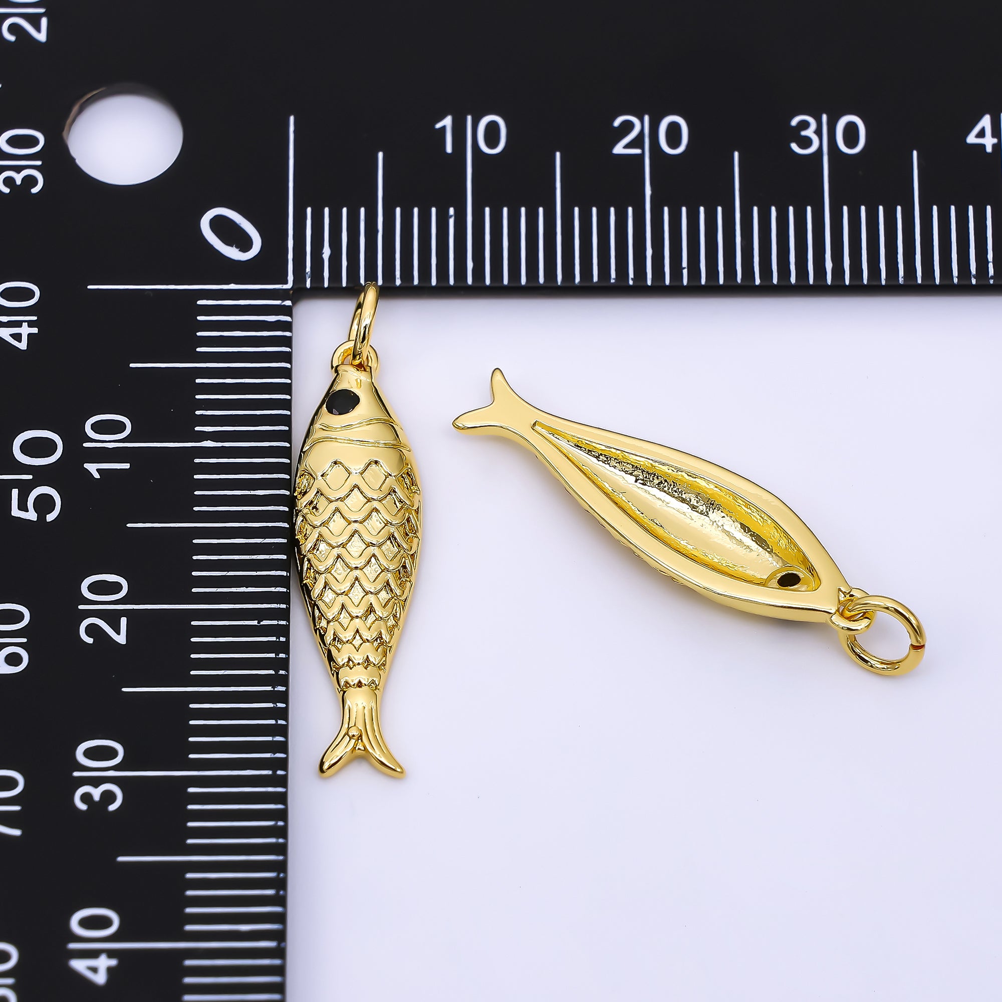 24K Gold Filled 26mm Black Round CZ Koi Gold Fish Charm | AJ-388
