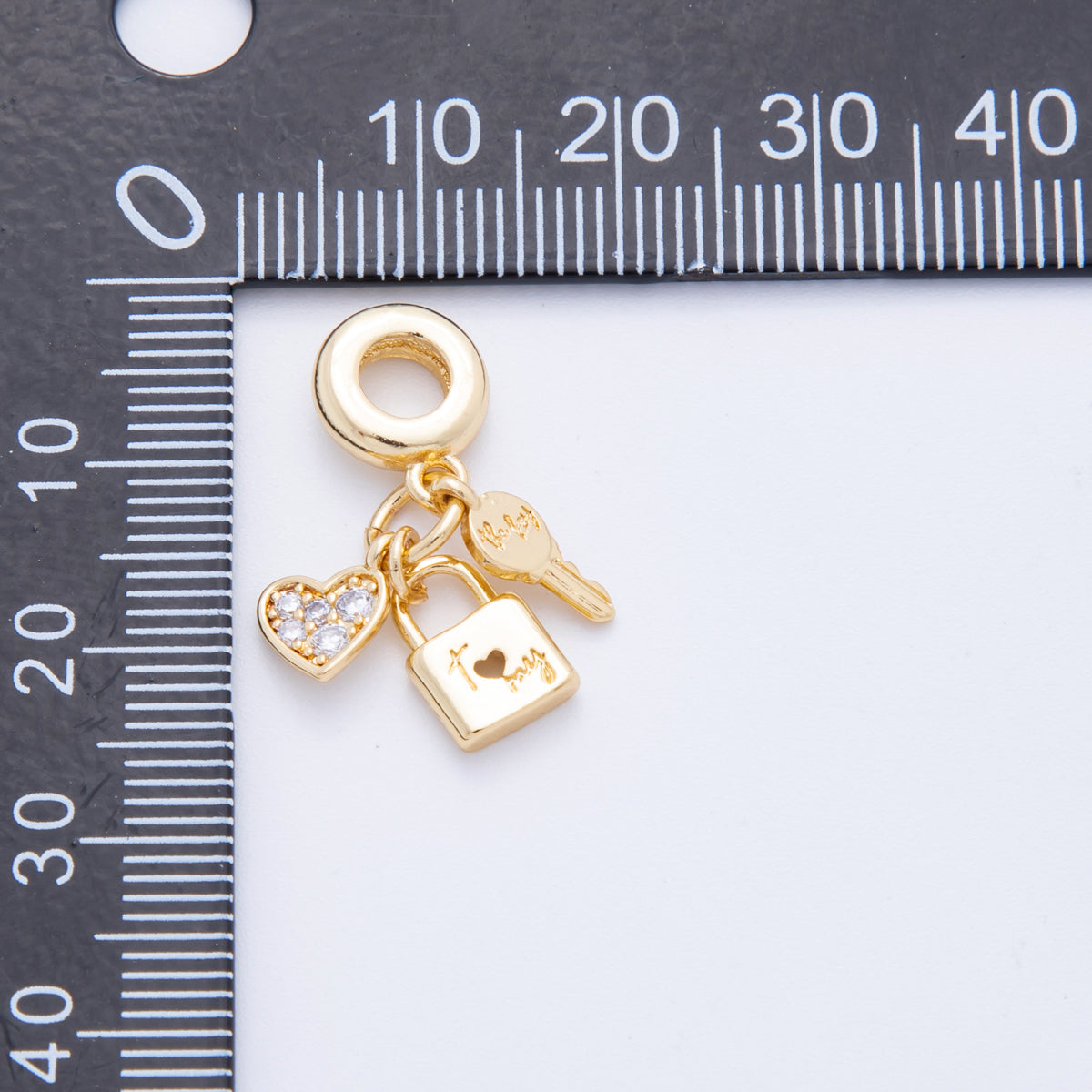 18K Gold Filled Micro Paved CZ Padlock Key Heart Rondelle Drop Charm | E716