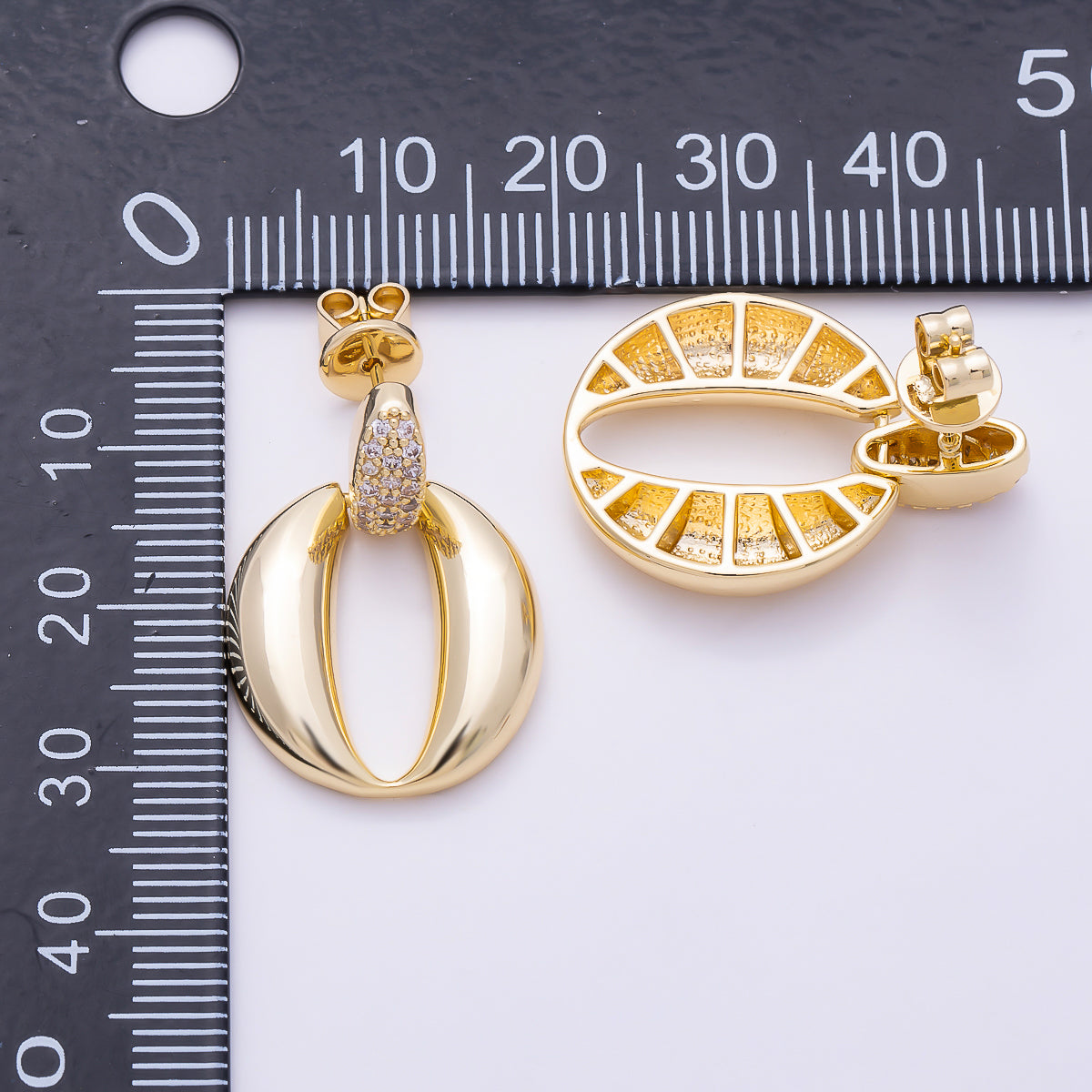 16K Gold Filled 26mm Micro Paved CZ Chunky Oval Dangle Drop Stud Earrings in Gold & Silver | Earrings-00847 - Earrings-00848