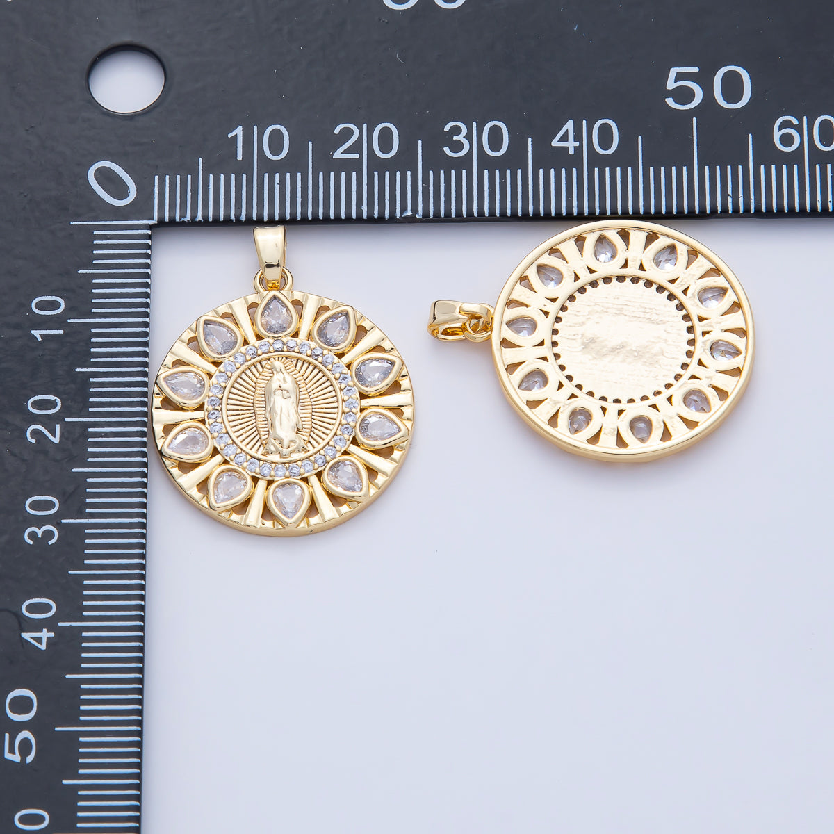 18K Gold Filled 25mm Clear, Multicolor CZ Miraculous Lady Mother Mary Round Pendant | AF1202