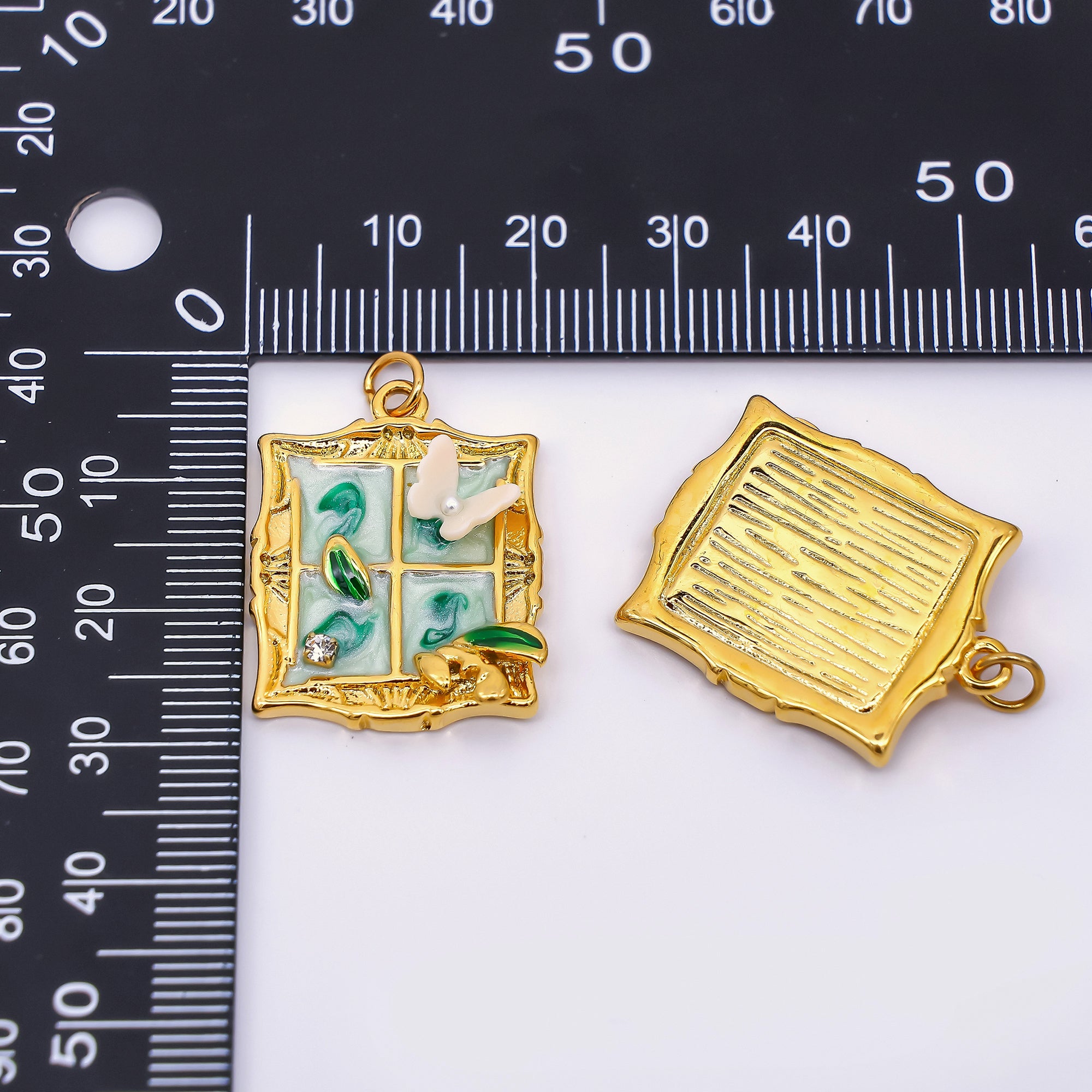 Gold Stainless Steel 26mm Hand-Painting Enamel Windows with Butterfly Charm in Green & Pink | J010