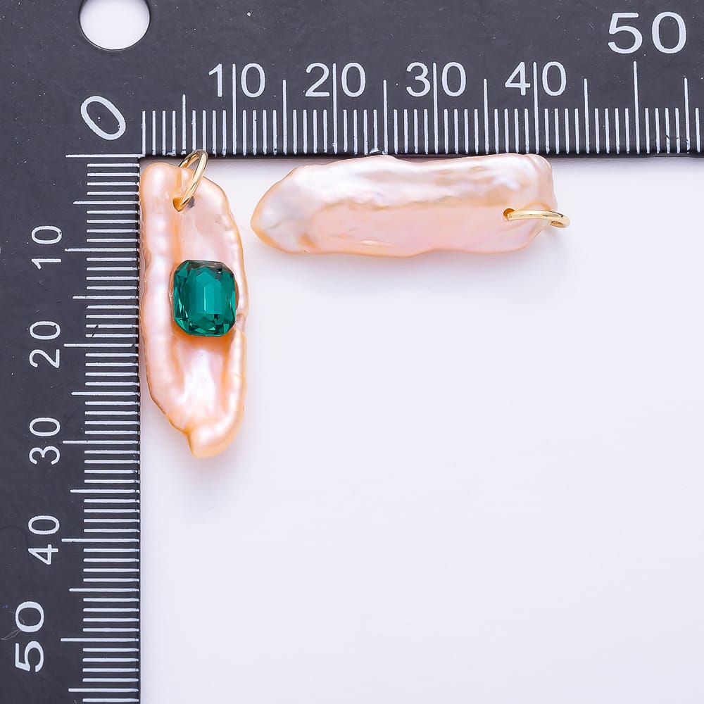 16K Gold Filled 26mm Green, Pink, Blue Baguette CZ Biwa Freshwater Pearl Rectangle Pendant | Charms-02465 ~ Charms-02467