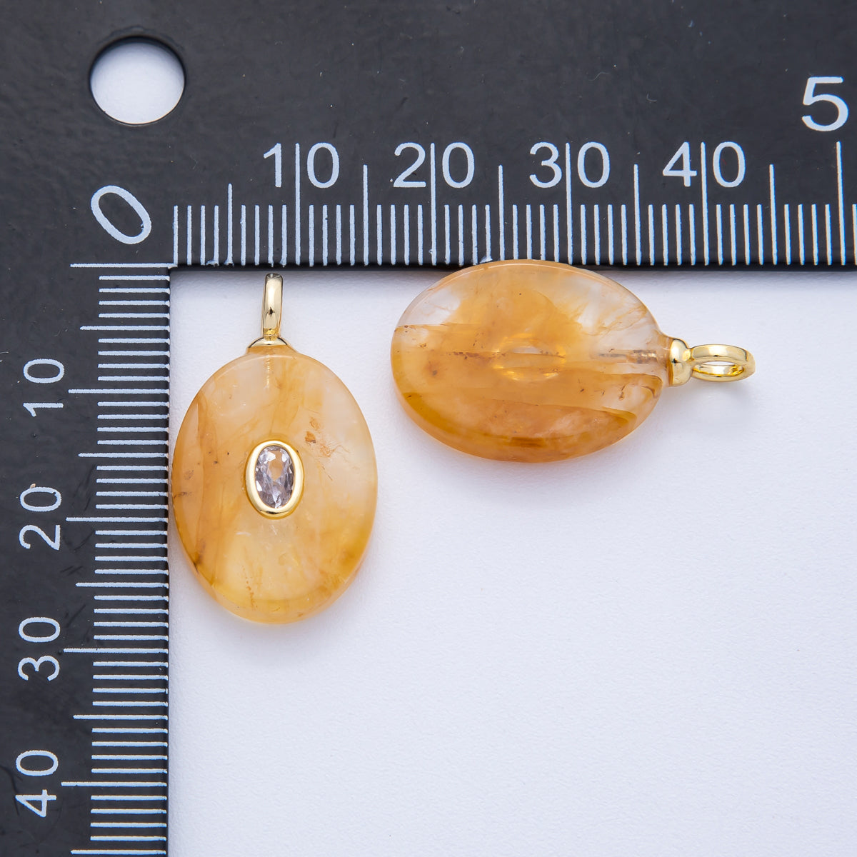 18K Gold Filled Orange, Teal 27mm CZ Embedded Natural Gemstone Oval Geometric Charm | AK207