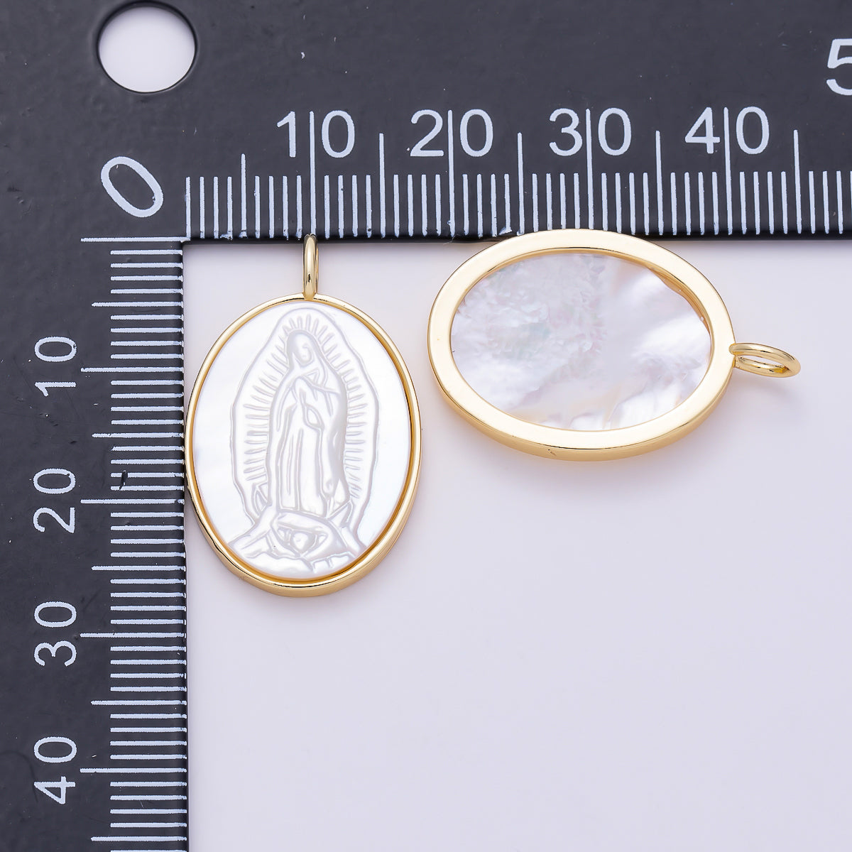 16K Gold Filled 26.5mm White Shell Pearl Lady Guadalupe Mary Oval Charm