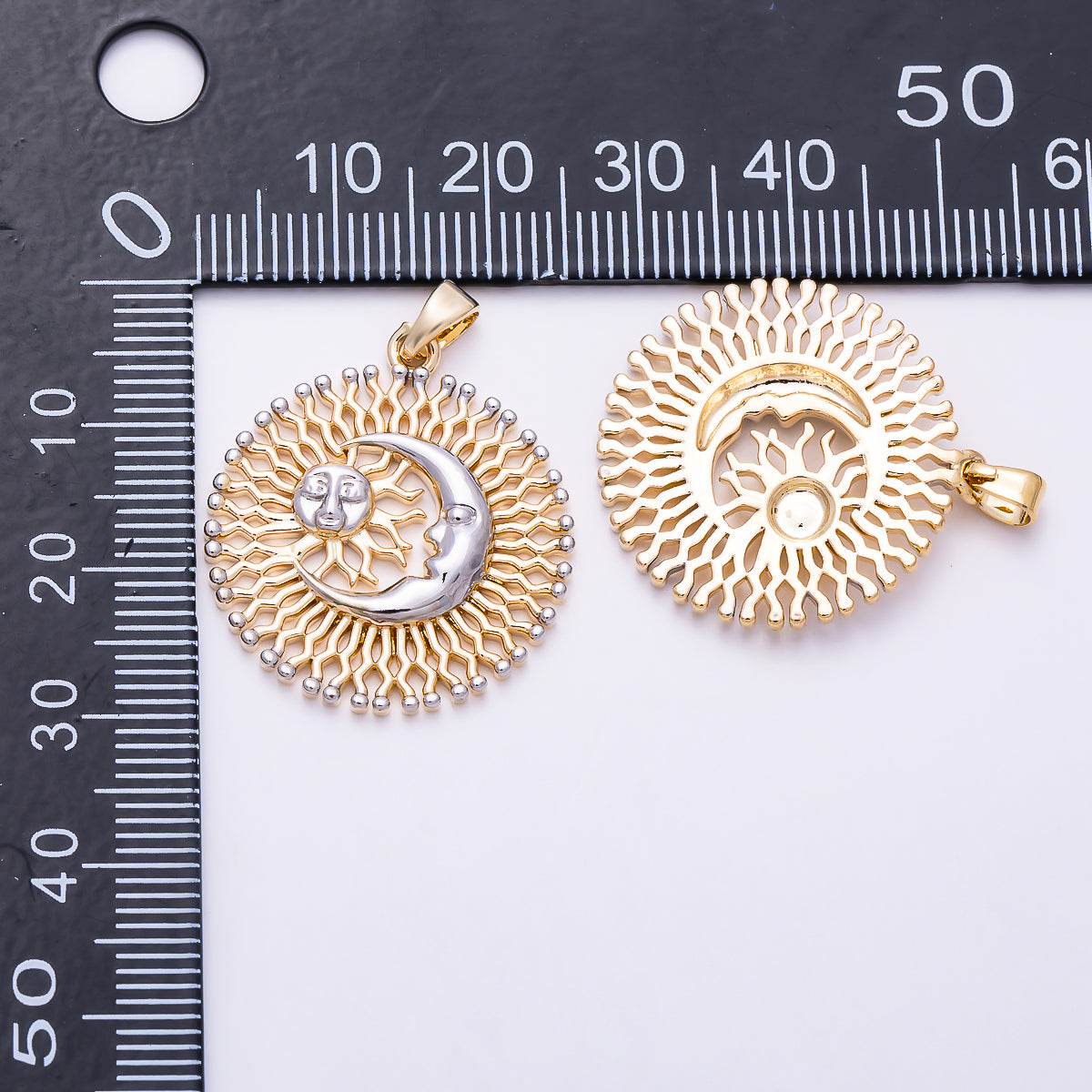 16K Gold Filled 27mm Mixed Metal Celestial Crescent Moon Sun Open Textured Round Pendant | Charms-01994