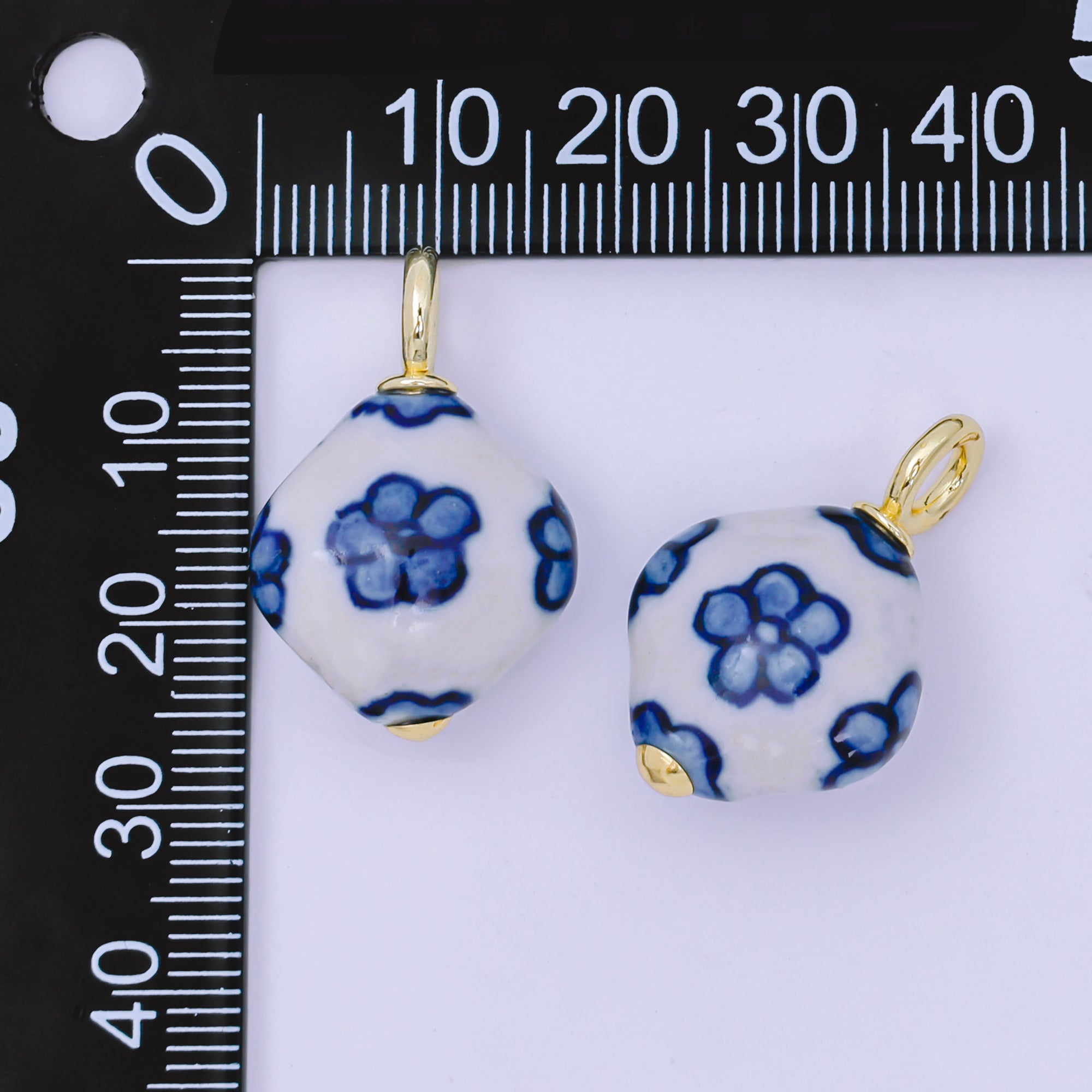 24K Gold Filled Blue-White Flower Geometric Porcelain Ceramic Drop Charm | AF1282