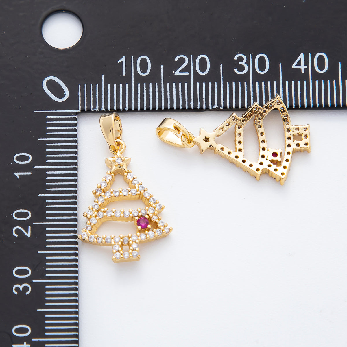 18K Gold Filled 27mm Clear & Fuchsia Micro Paved CZ Christmass Tree Pendant | AF-A1135
