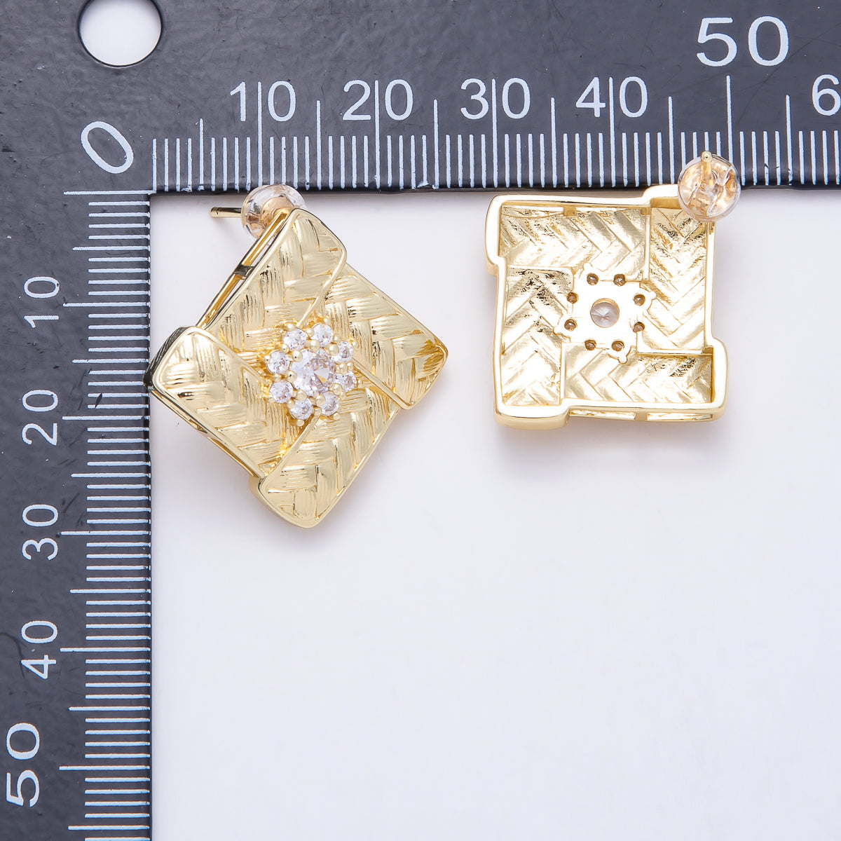 16K Gold Filled 27mm Flower Cluster CZ Textured Woven Rhombus Stud Earrings | Earrings-00826
