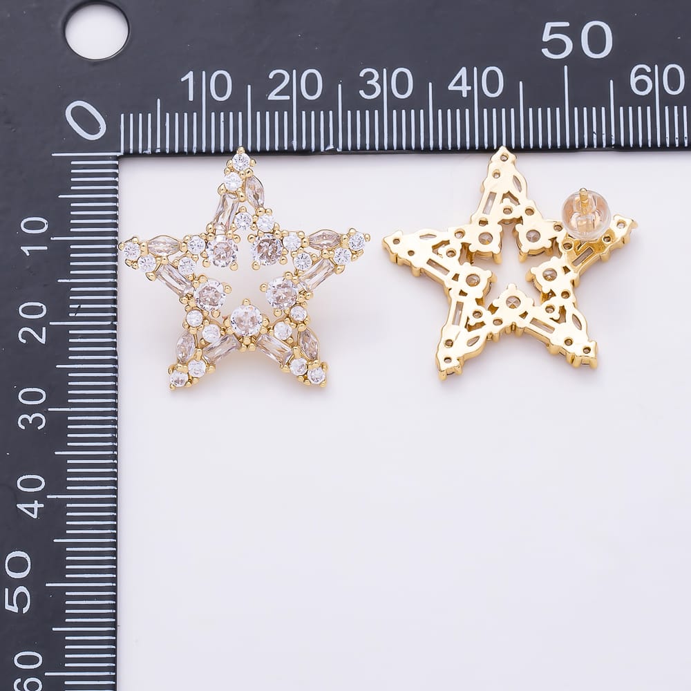 16K Gold Filled 27mm Mixed Cut Clear CZ Open Star Stud Earrings| Earrings-00922 - Earrings-00923