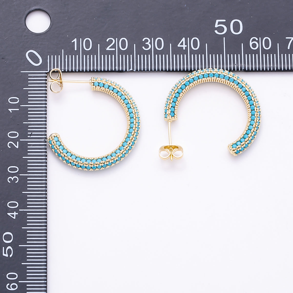 16K Gold Filled 27mm Turquoise Micro Paved CZ Open C-Hoops Earrings | Earrings-00837