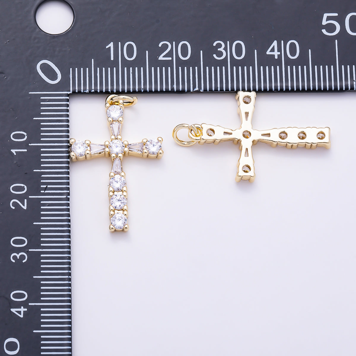16K Gold Filled 26mm Round Baguette CZ Cross Religious Pendant in Gold | Charms-01786