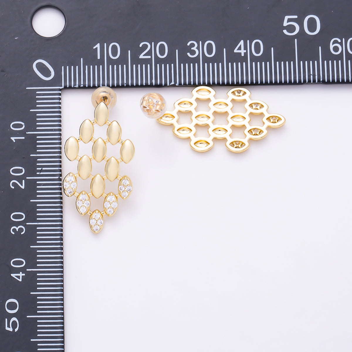 16K Gold Filled 27mm Half Micro Paved CZ Marquise Lattice Drop Stud Earrings in Gold & Silver | Earrings-00852 - Earrings-00853