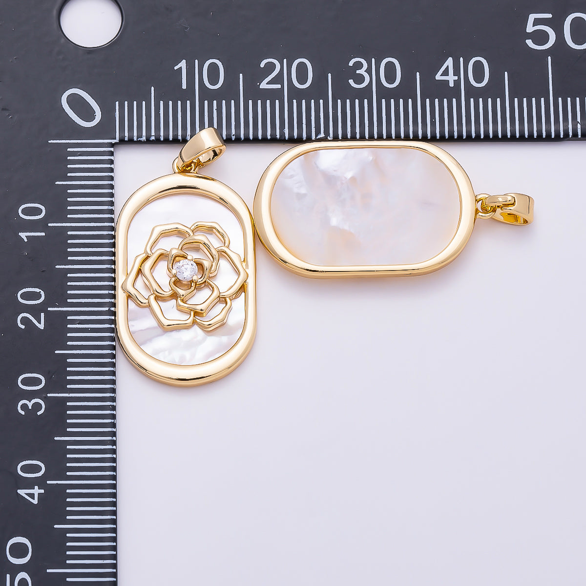 16K Gold Filled 27mm CZ Shell Pearl Rose Flower Oblong Oval Bezel Pendant | Charms-01360