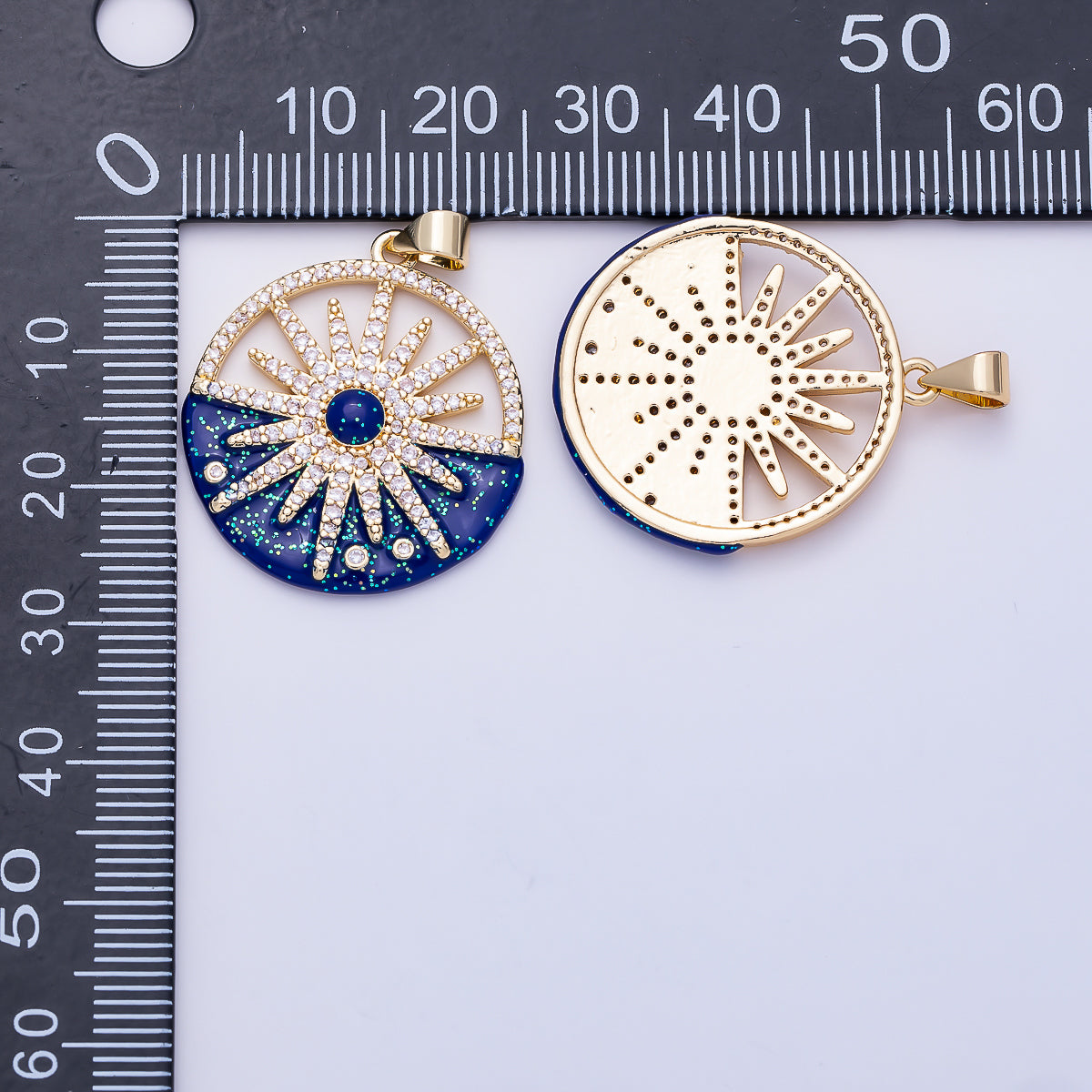 16K Gold Filled 27mm Blue Clear Micro Paved CZ Celestial Sun Open Round Pendant | Charms-01489