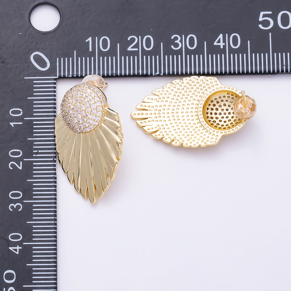 16K Gold Filled 27mm Dome Micro Paved CZ Art Deco Feather Fan Statement Stud Earrings in Gold & Silver | Earrings-00862 - Earrings-00863