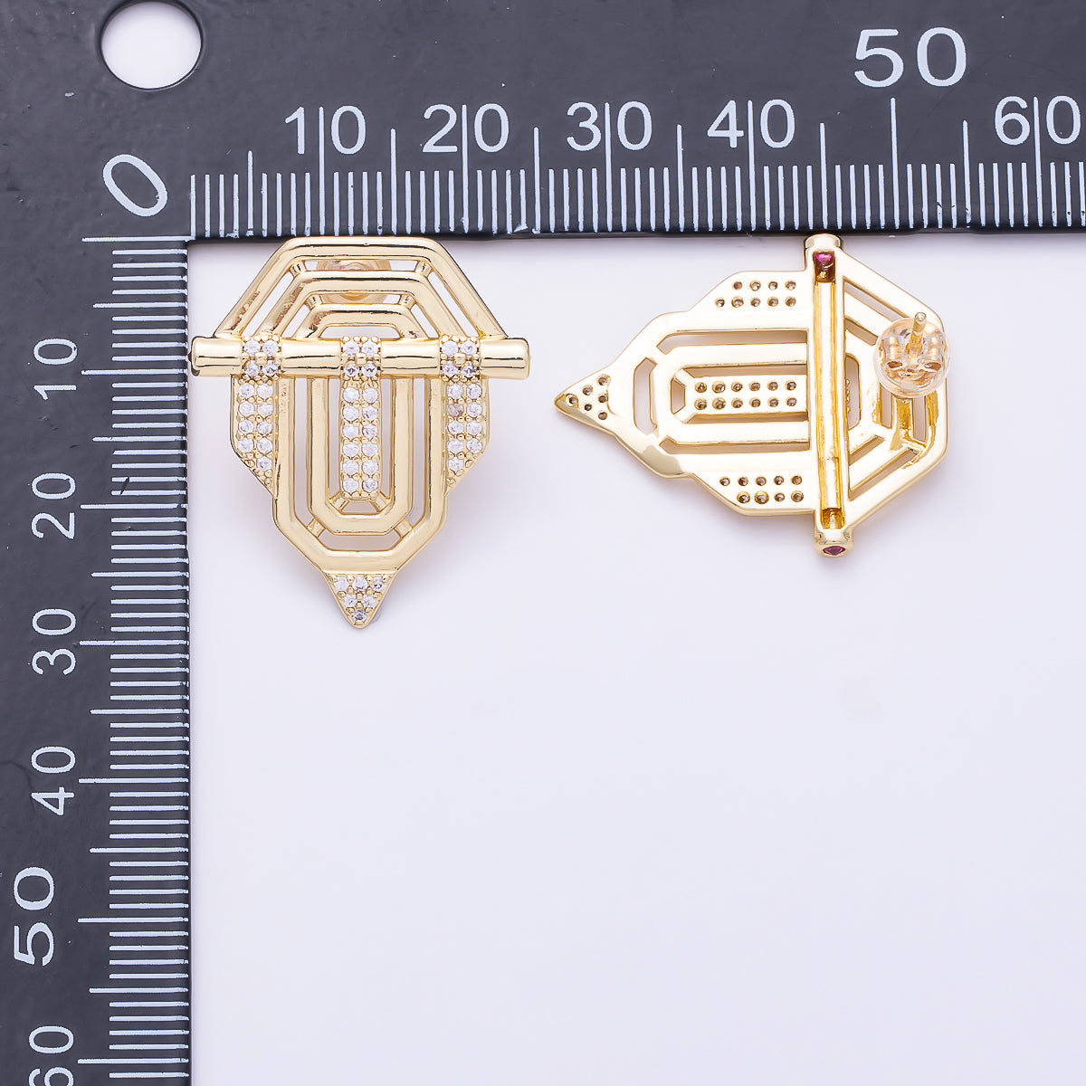 16K Gold Filled 27mm Clear Micro Paved CZ Art Deco Geometric Layered Drop Stud Earrings | Earrings-00851