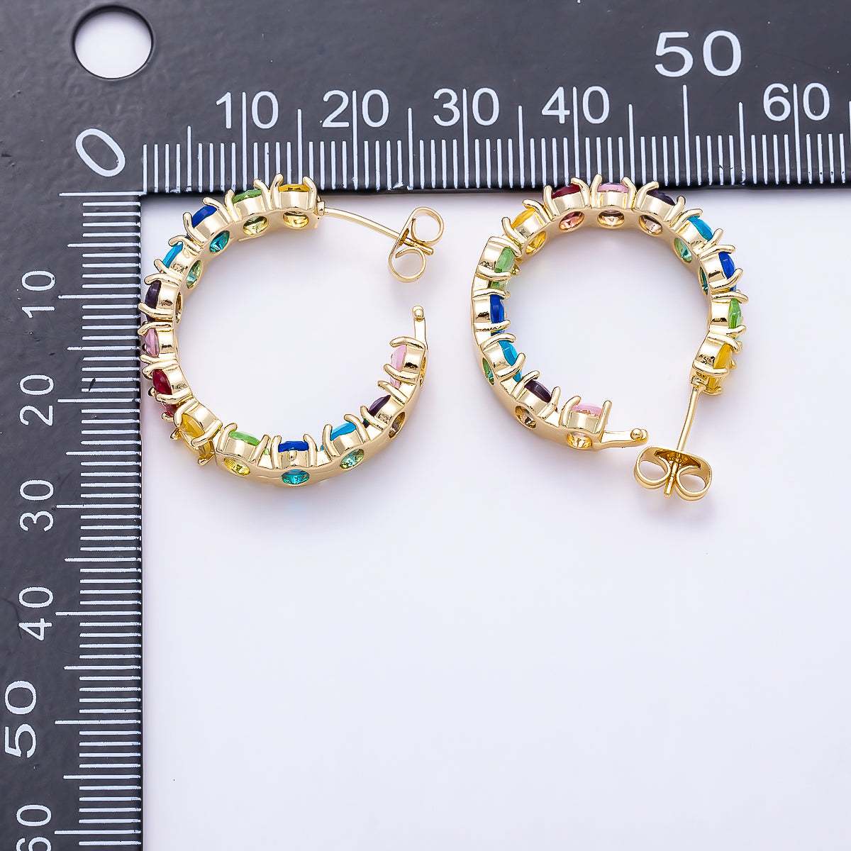 16K Gold Filled 27mm Rainbow Multicolor Oval CZ C-Shaped Hoop | Earrings-00802