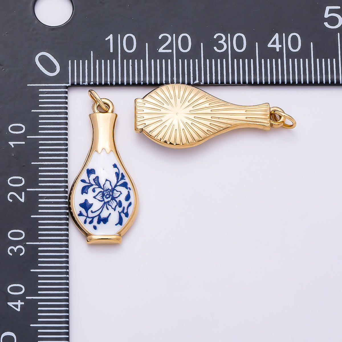 PVD Gold Stainless Steel 27mm Blue White Porcelain Ceramic Vase Charm | Charms-01329