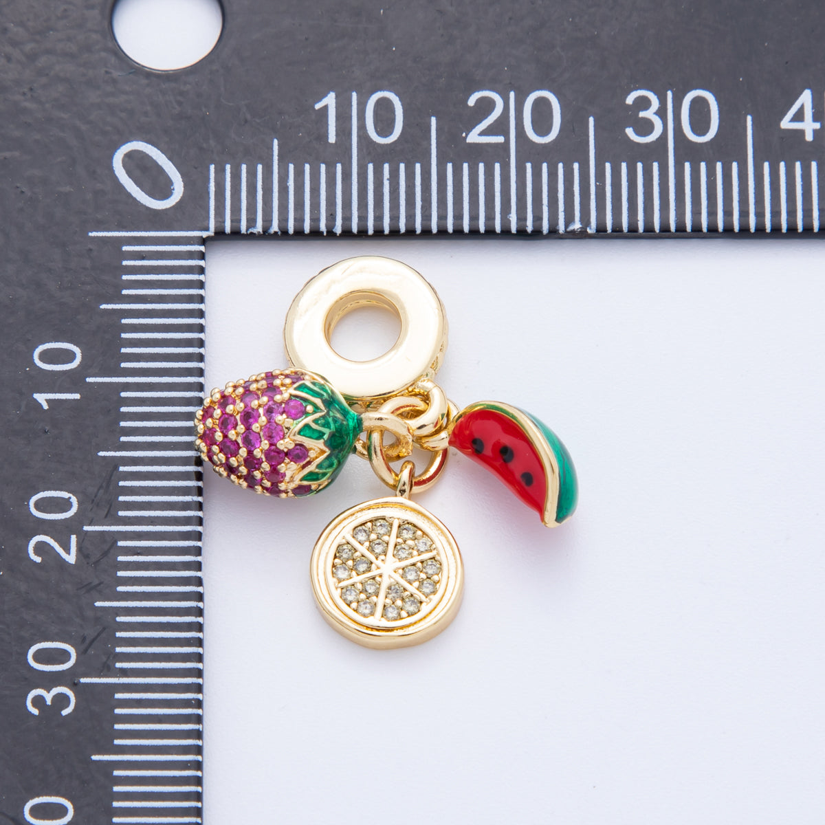 18K Gold Filled Micro Paved CZ Enamel Fruit Strawberry Watermelon Lemon Rondelle Drop Charm | E693