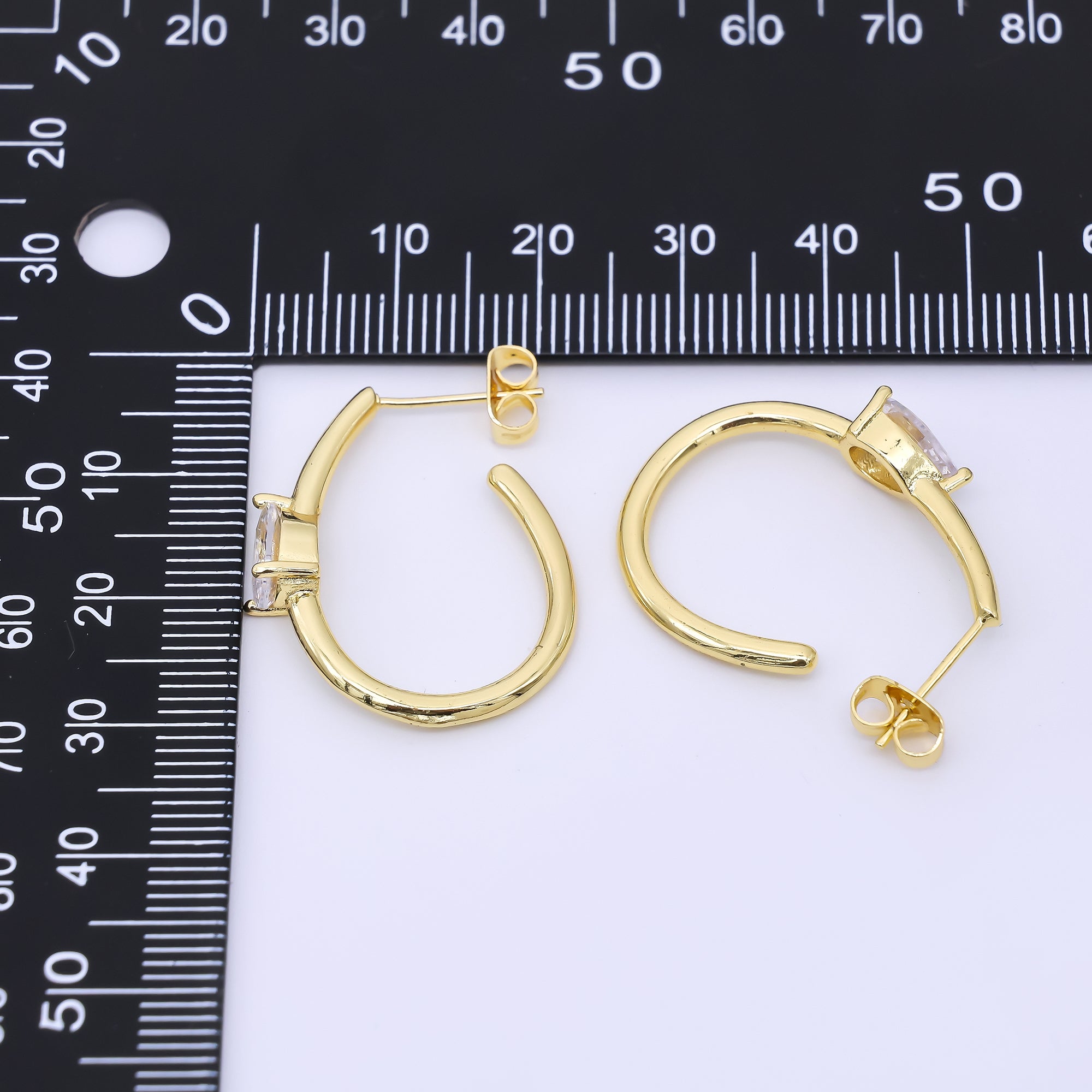 24K Gold Filled 27.5mm Clear CZ Teardrop J-Shaped Hoop Earrings | AI491