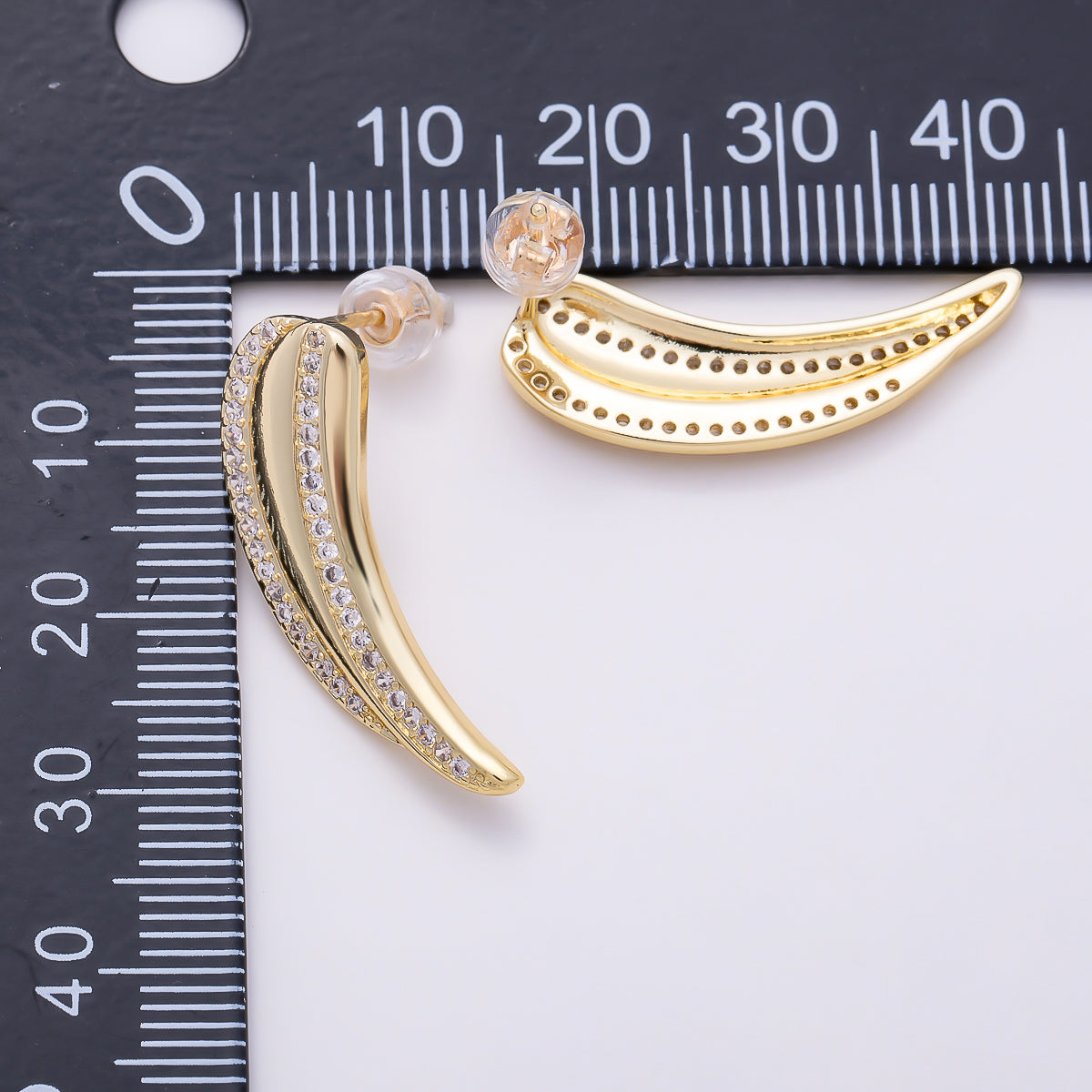 16K Gold Filled 27mm Micro Paved CZ Curved Tusk Drop Stud Earrings in Gold & Silver | Earrings-00856 - Earrings-00857