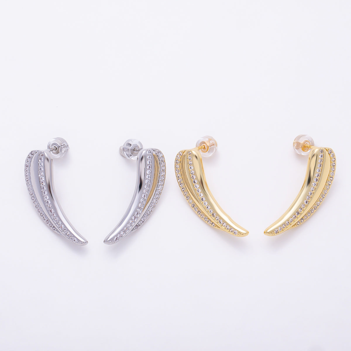 16K Gold Filled 27mm Micro Paved CZ Curved Tusk Drop Stud Earrings in Gold & Silver | Earrings-00856 - Earrings-00857