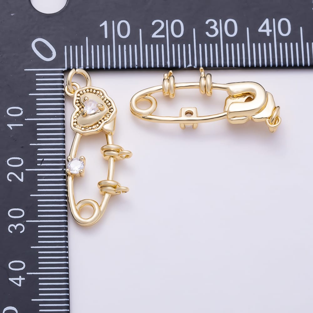 16K Gold Filled 28mm Double Clear CZ Molten Heart Safety Pin Charm | Charms-02151