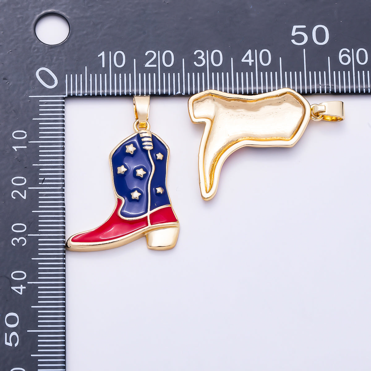16K Gold Filled 28mm Red Blue Enamel July Fourth Western Cowboy Boot Pendant | Charms-02021