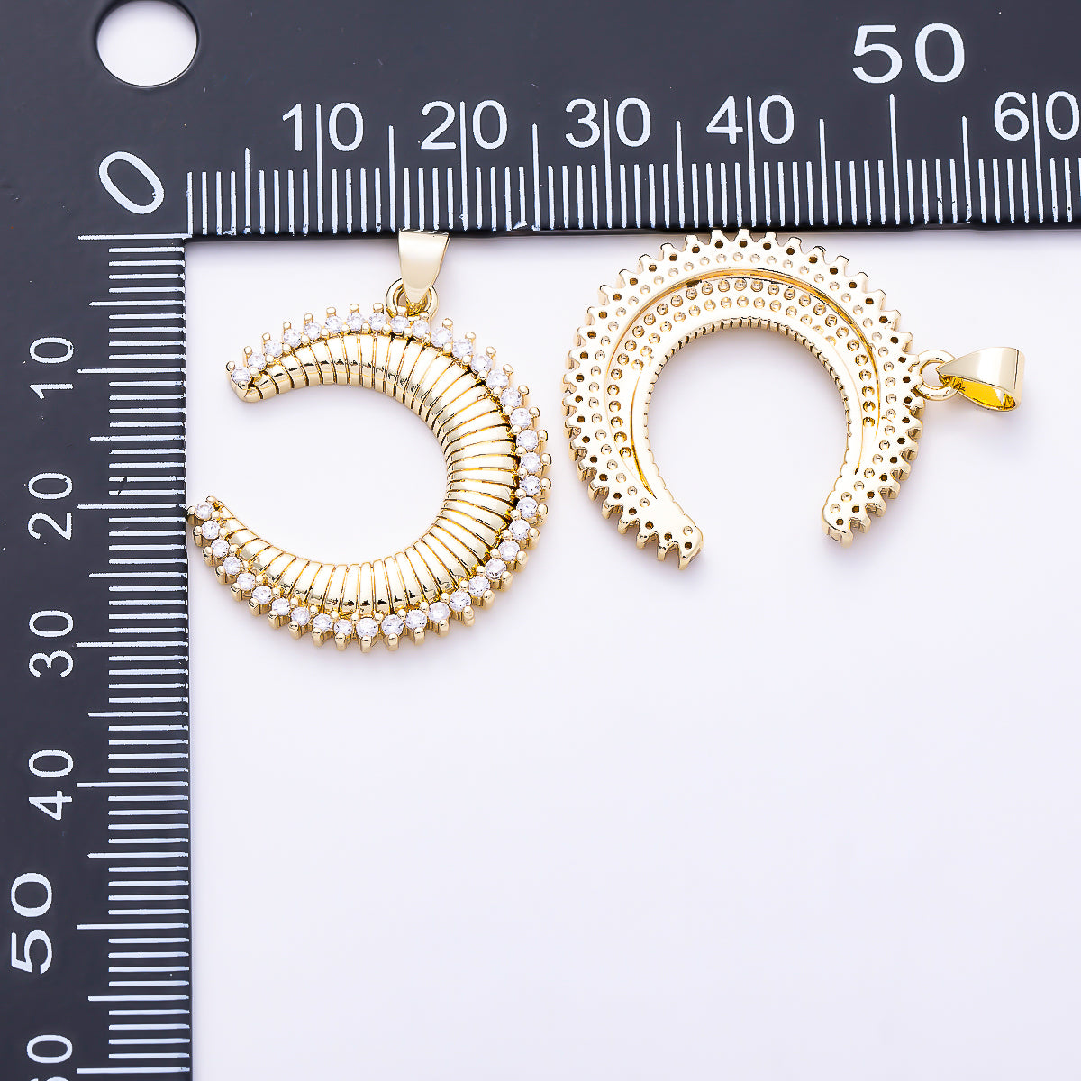 16K Gold Filled 28mm Micro Paved CZ Ribbed Celestial Crescent Moon Pendant | Charms-02047