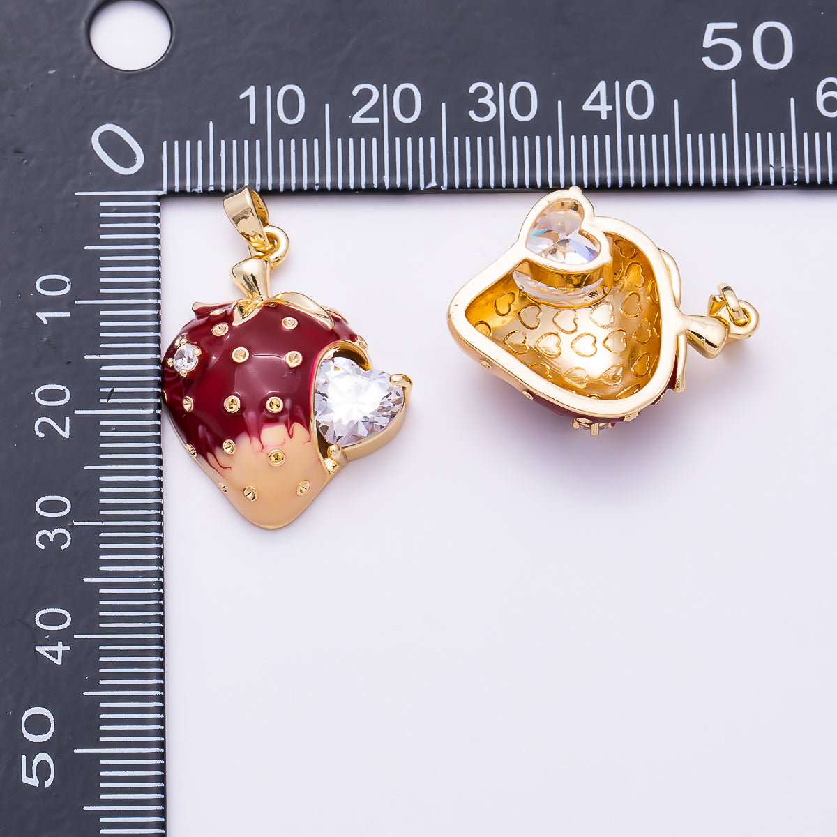 16K Gold Filled 27mm Heart CZ Chocolate Dipped Strawberry Enamel Charm | Charms-01935