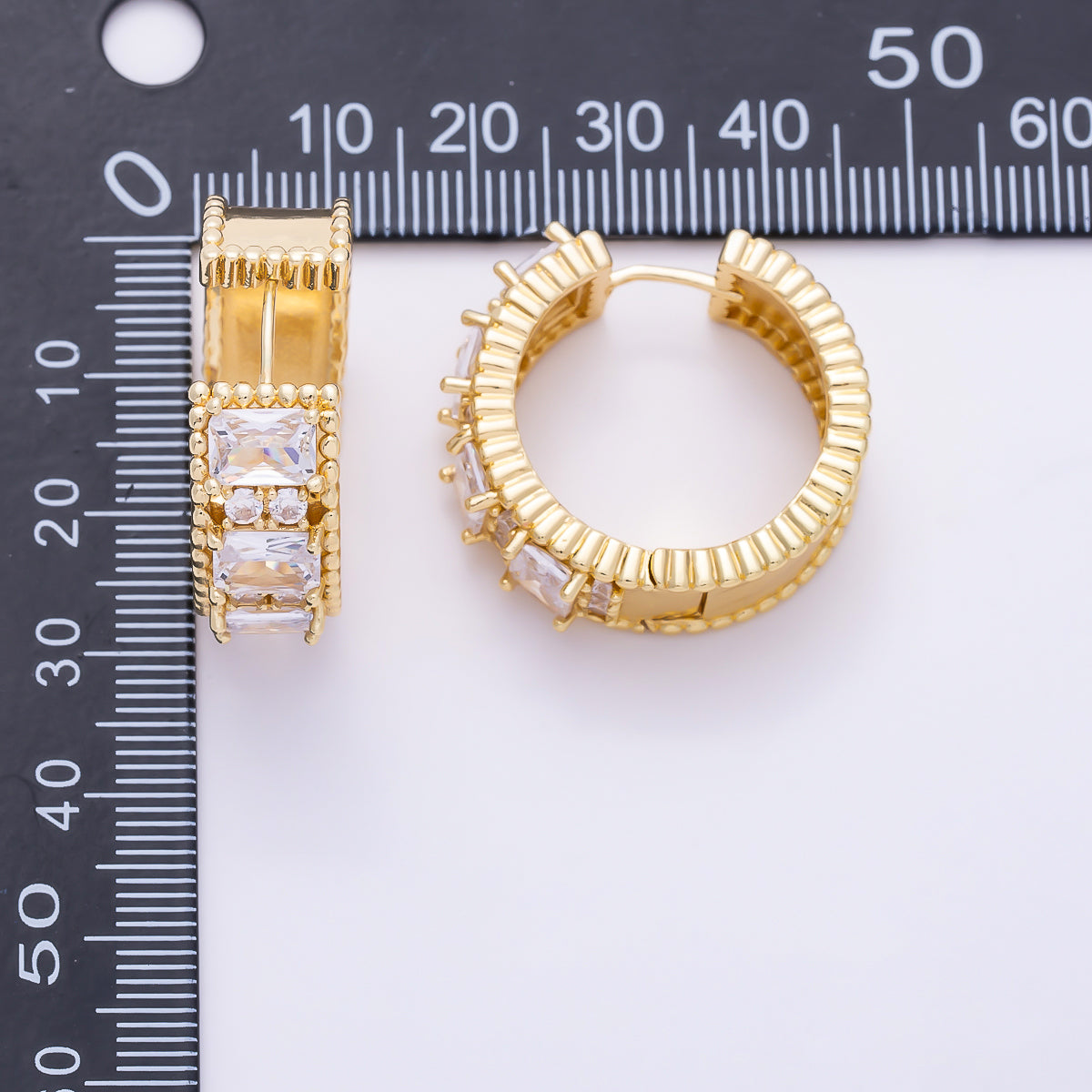 16K Gold Filled 29mm Clear Princess Cut CZ Wide Chunky Huggie Hoop Earrings in Gold & Silver | Earrings-00864 - Earrings-00865