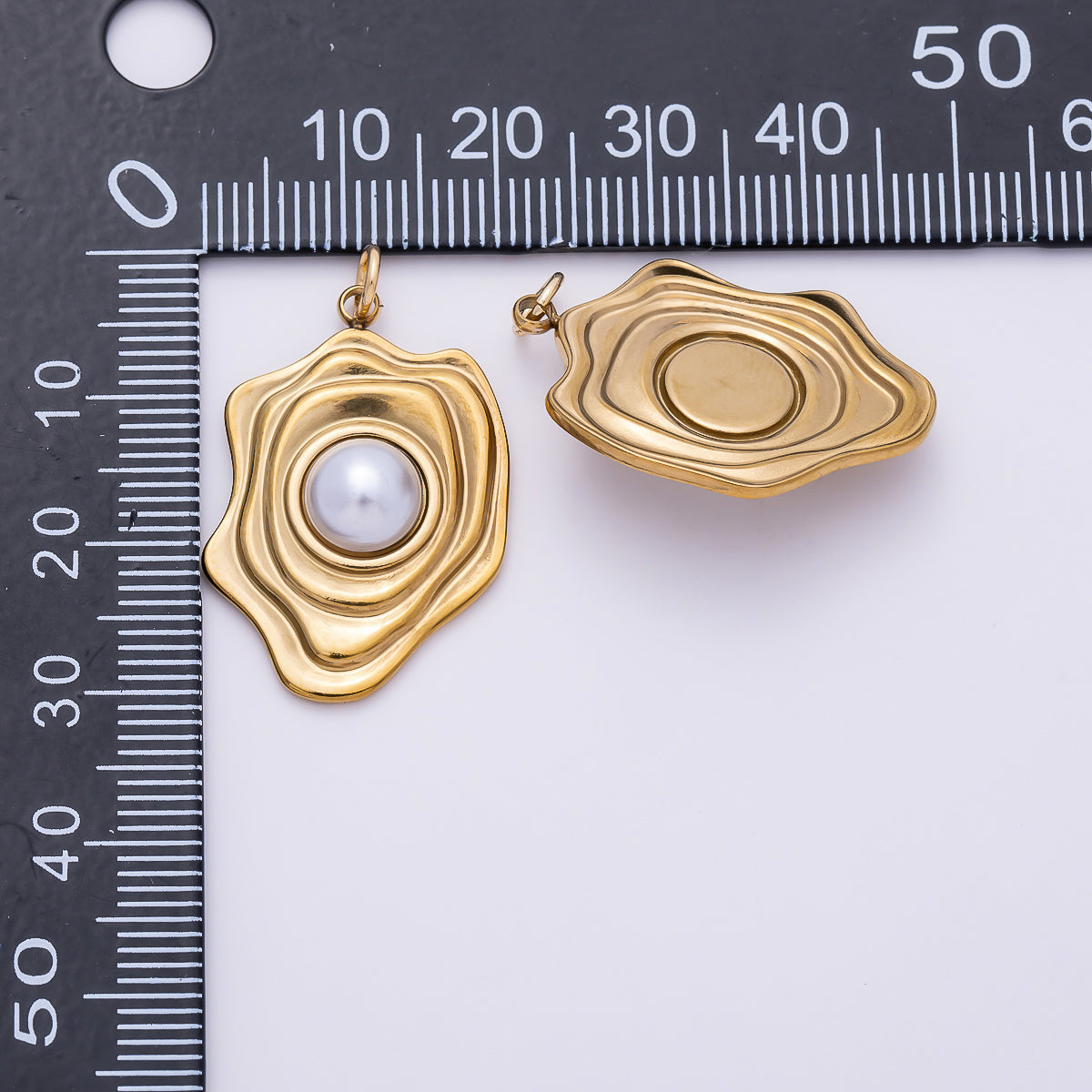 PVD Gold Stainless Steel 28mm Shell Pearl Lined Molten Geometric Charm | Charms-01442