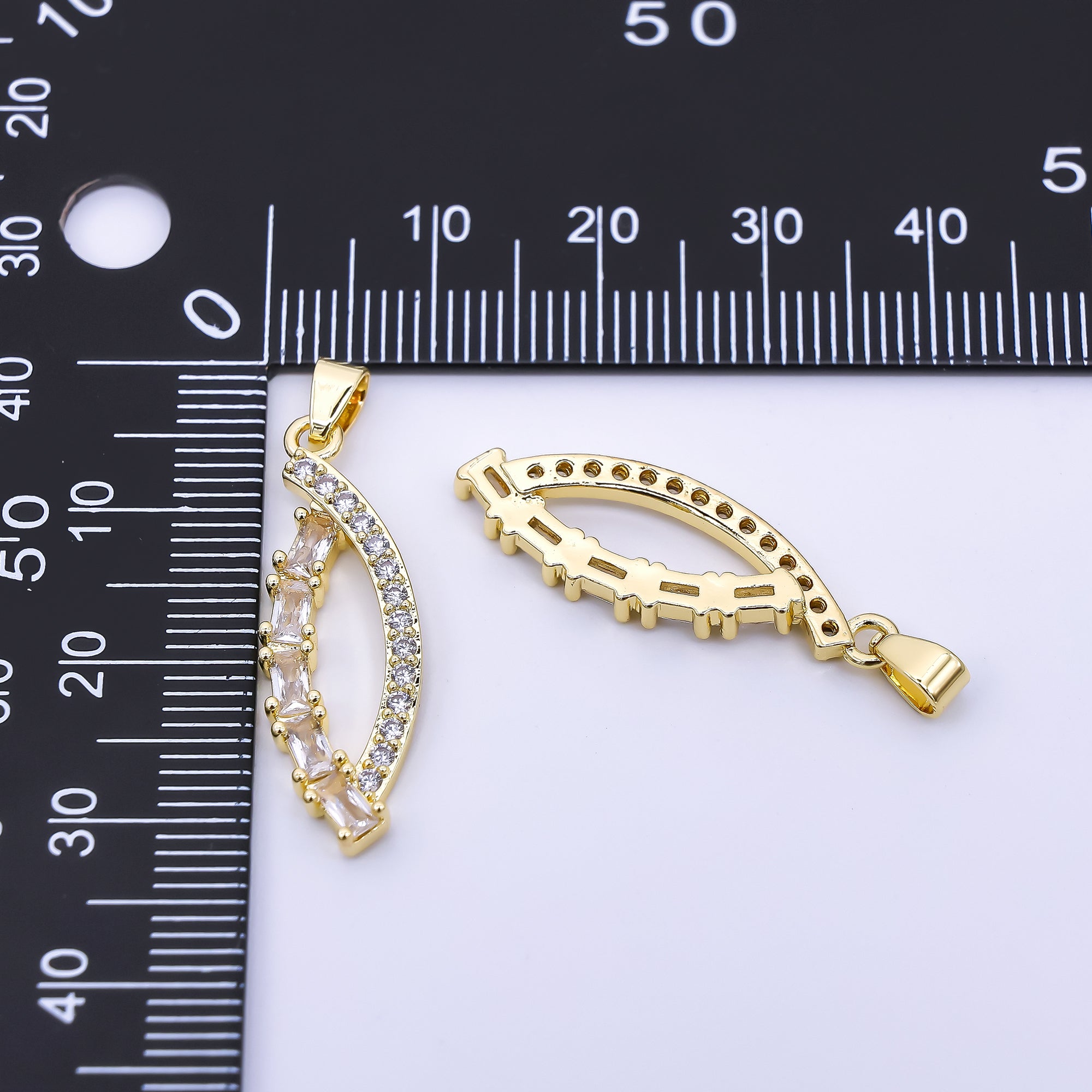 24K Gold Filled 13mm Baguette & Micro Paved CZ Intwined Eye-Shaped Pendant | AH-539