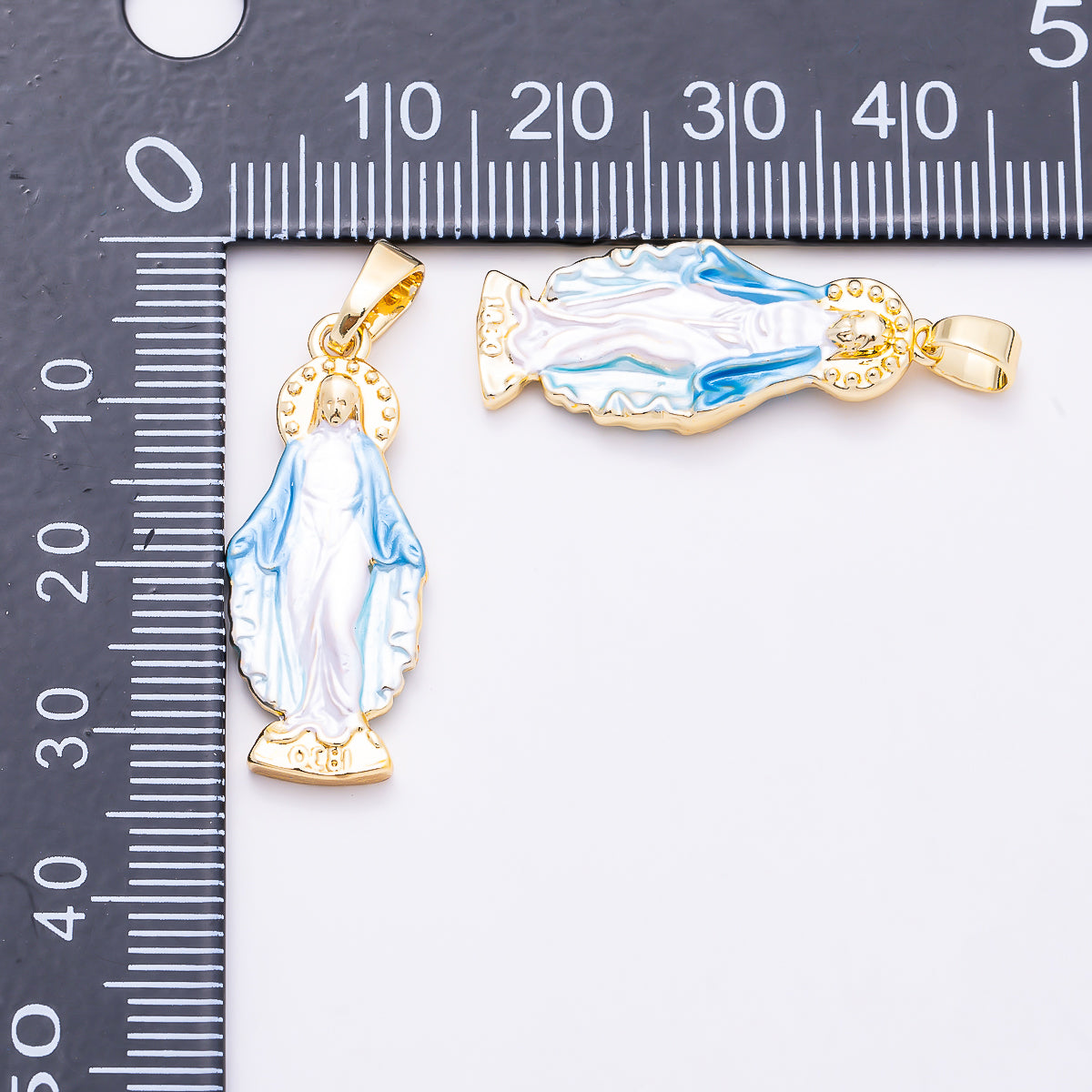 16K Gold Filled 28mm White Blue Enamel Mother Mary Religious Pendant | Charm-02009