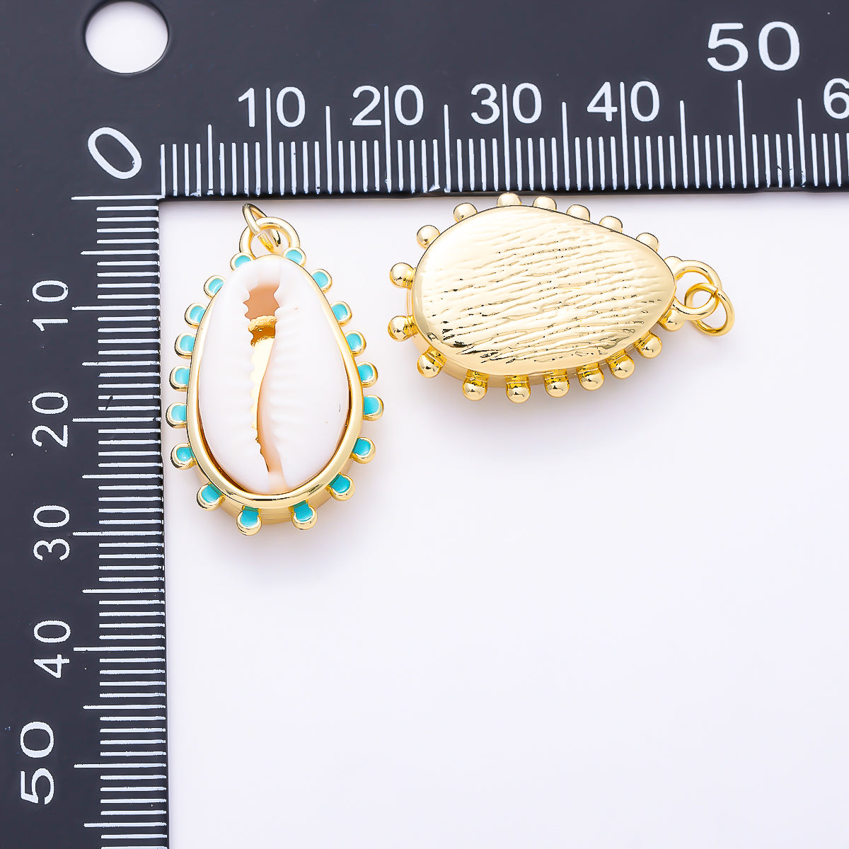 16K Gold Filled 28mm Turquoise Enamel Natural Cowrie Shell Scalloped Ocean Pendant | Charms-01658
