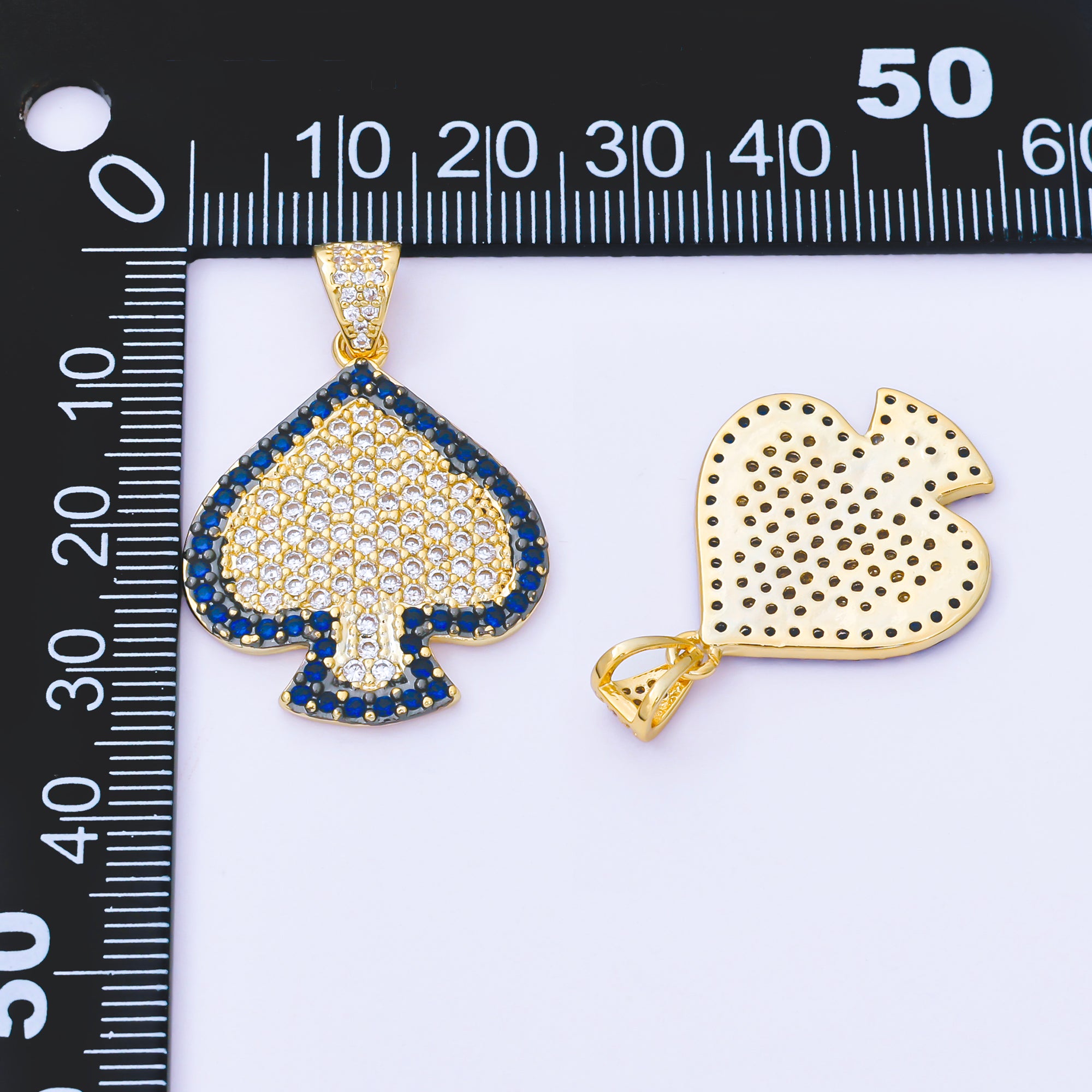 24K Gold Filled 28mm Clear & Blue Micro Paved CZ Solitaire Spade Pendant | AA1619