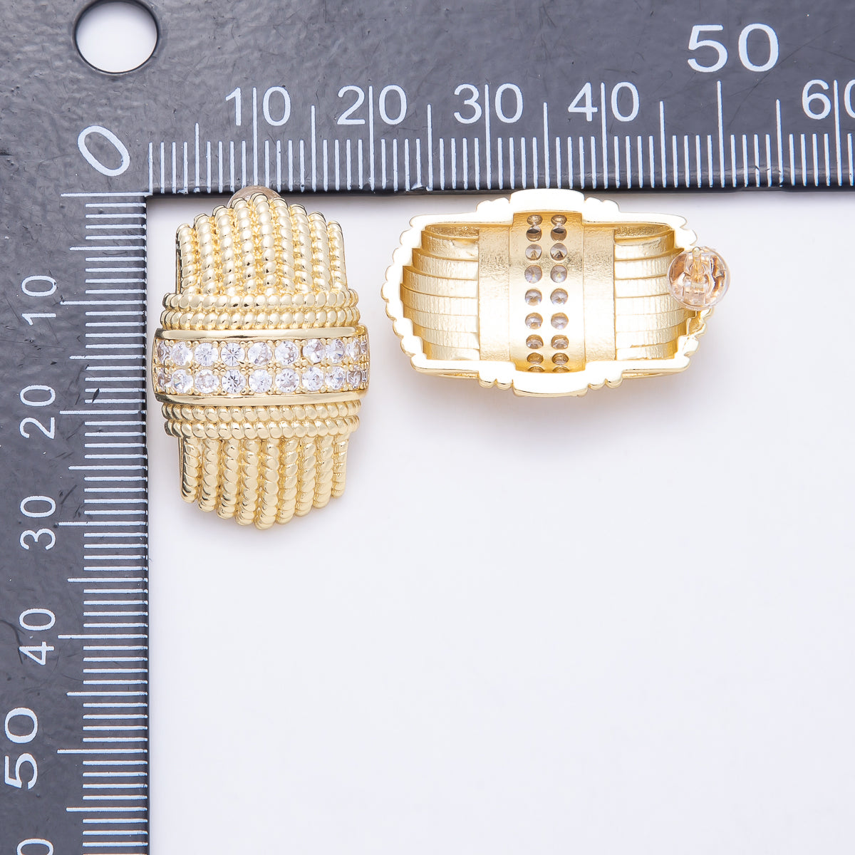16K Gold Filled 28mm Ribbed Beaded Textured Statement Stud Earrings | Earrings-00825