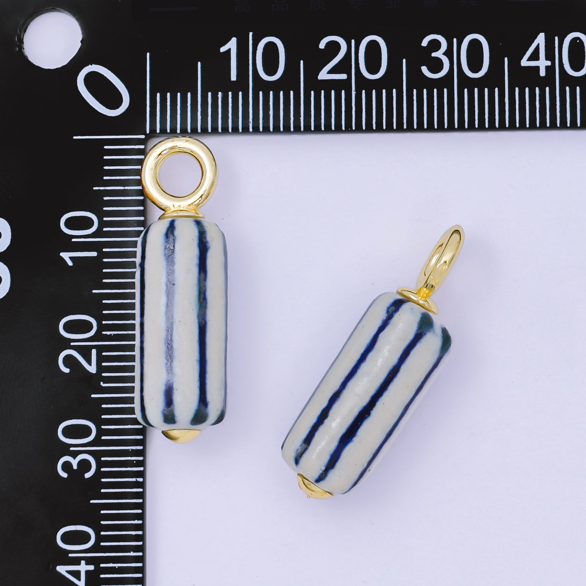 24K Gold Filled 28.5mm Blue-White Linear Cylinder Porcelain Drop Charm | AF1285
