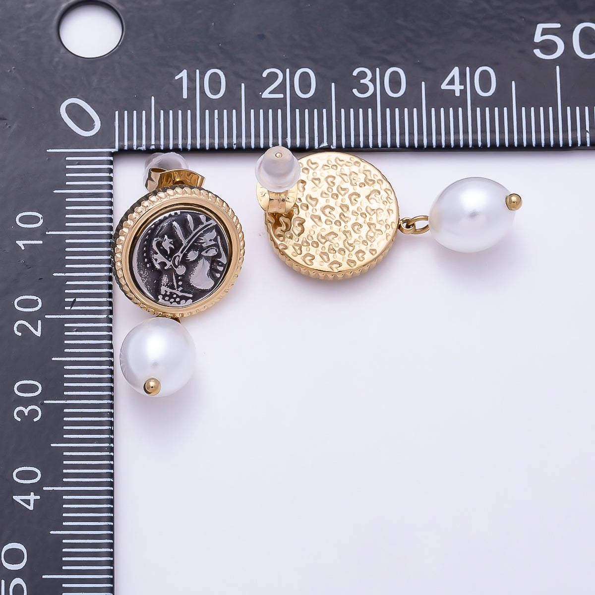 Stainless Steel Gold PVD 28.5mm Shell Pearl Cameo Portrait Bezel Round Drop Stud | Earrings-00730