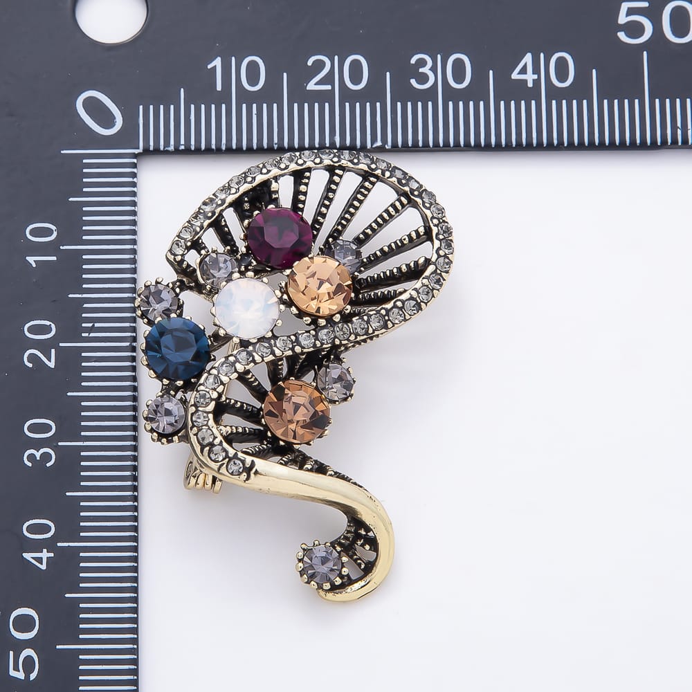 Gold, Silver Multicolor Rhinestone Cluster Curved Bar Open Geometric Pin Brooch | BH-00210