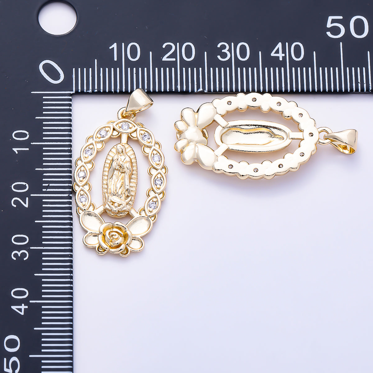 16K Gold Filled 29mm Beaded CZ Oval Rose Virgin Mary Guadalupe Religious Pendant | Charms-02048