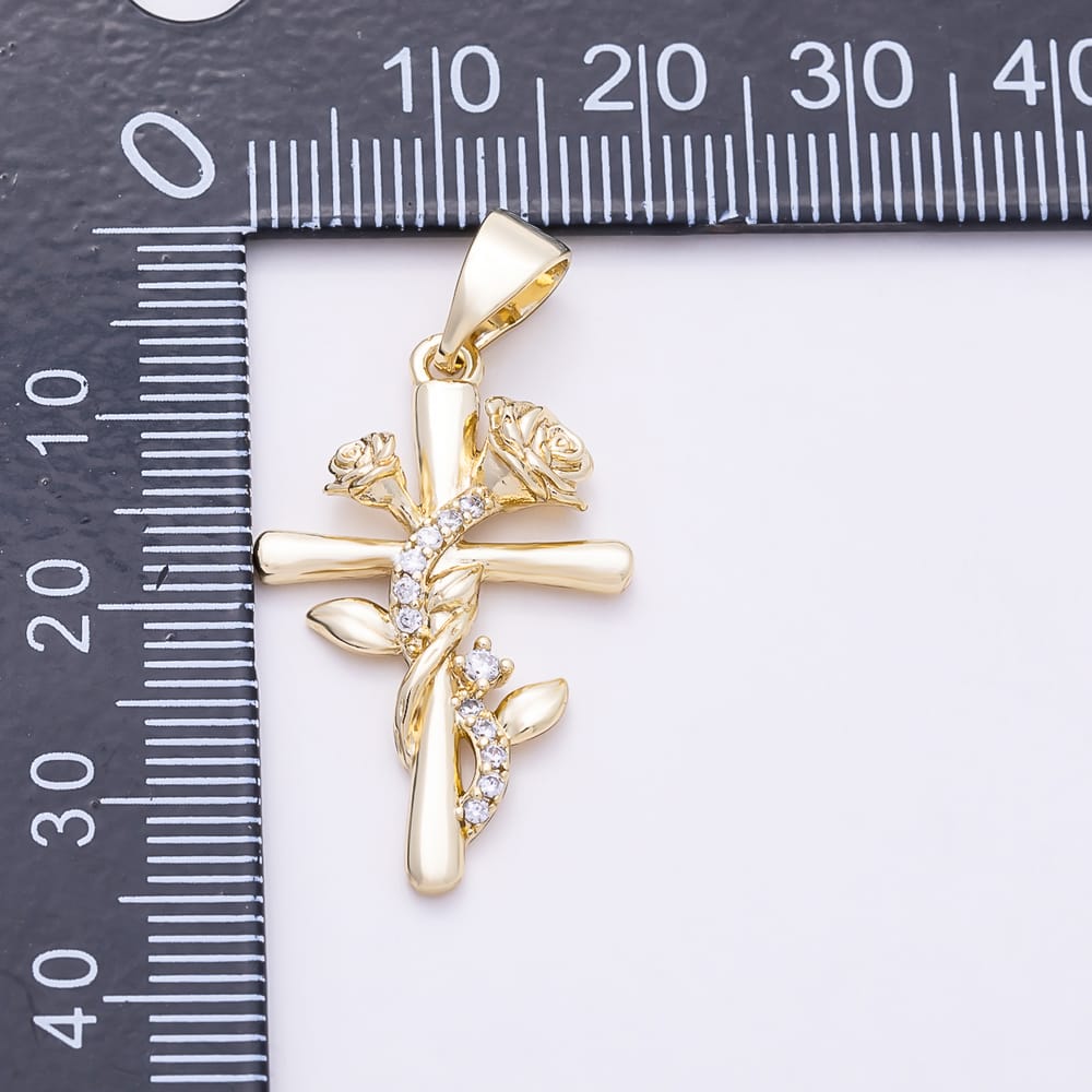 14K Gold Filled 29mm Micro Paved CZ Rose Flower Cross Religious Pendant | Charms-02190