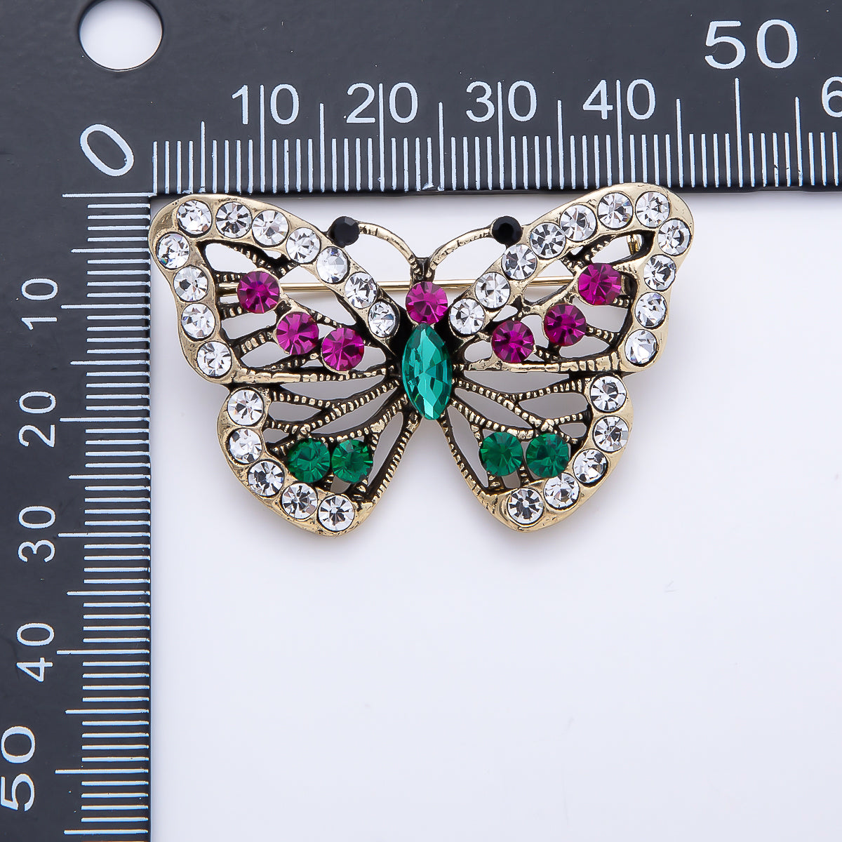 Vintage Gold 45mm Multicolor Rhinestone Open Butterfly Mariposa Animal Pin Brooch | BH-00158