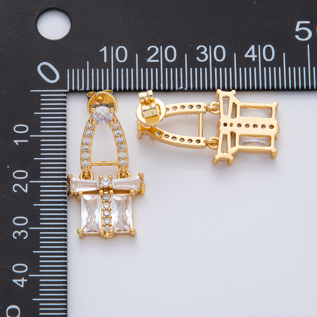 18K Gold Filled Clear Baguette Micro Paved CZ Geometric Drop Stud Earrings | AD1638
